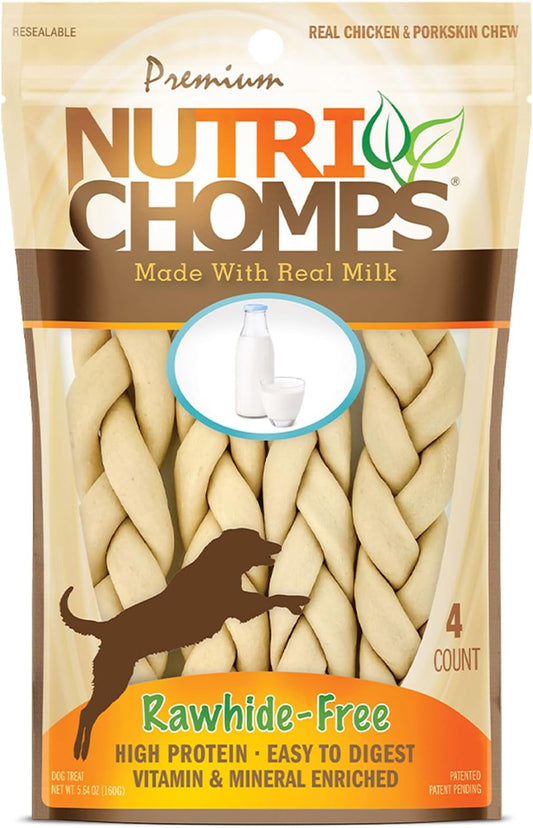 Nutrichomps Dog Chews, 6-Inch Braids, Easy to Digest, Long Lasting, Rawhide-Free Dog Treats, Healthy, 4 Count, Real Milk Flavor