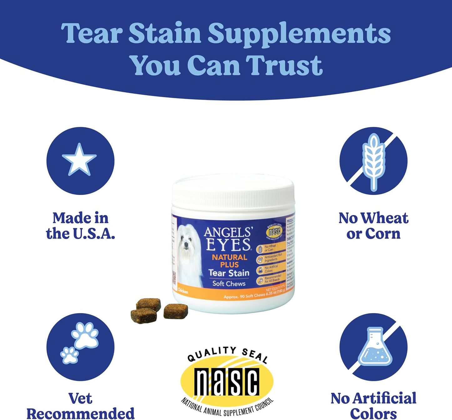 Natural Tear Stain Prevention Soft Chews for Dogs | Chicken Flavor| for All Breeds | No Wheat No Corn | Daily Supplement | Proprietary Formula, 90 Count