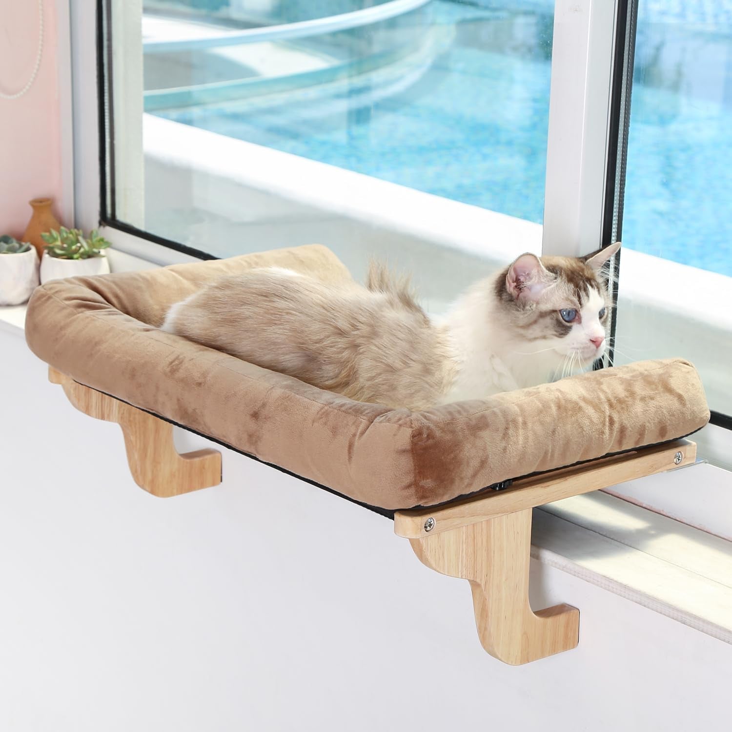 Cat Perch for Window Sill with Bolster - Orthopedic Hammock Design with Premium Hardwood & Robust Metal Frame - Cat Window Seat for Large Cats and Kittens - Natural Color Wood Brown Bed, 24''W