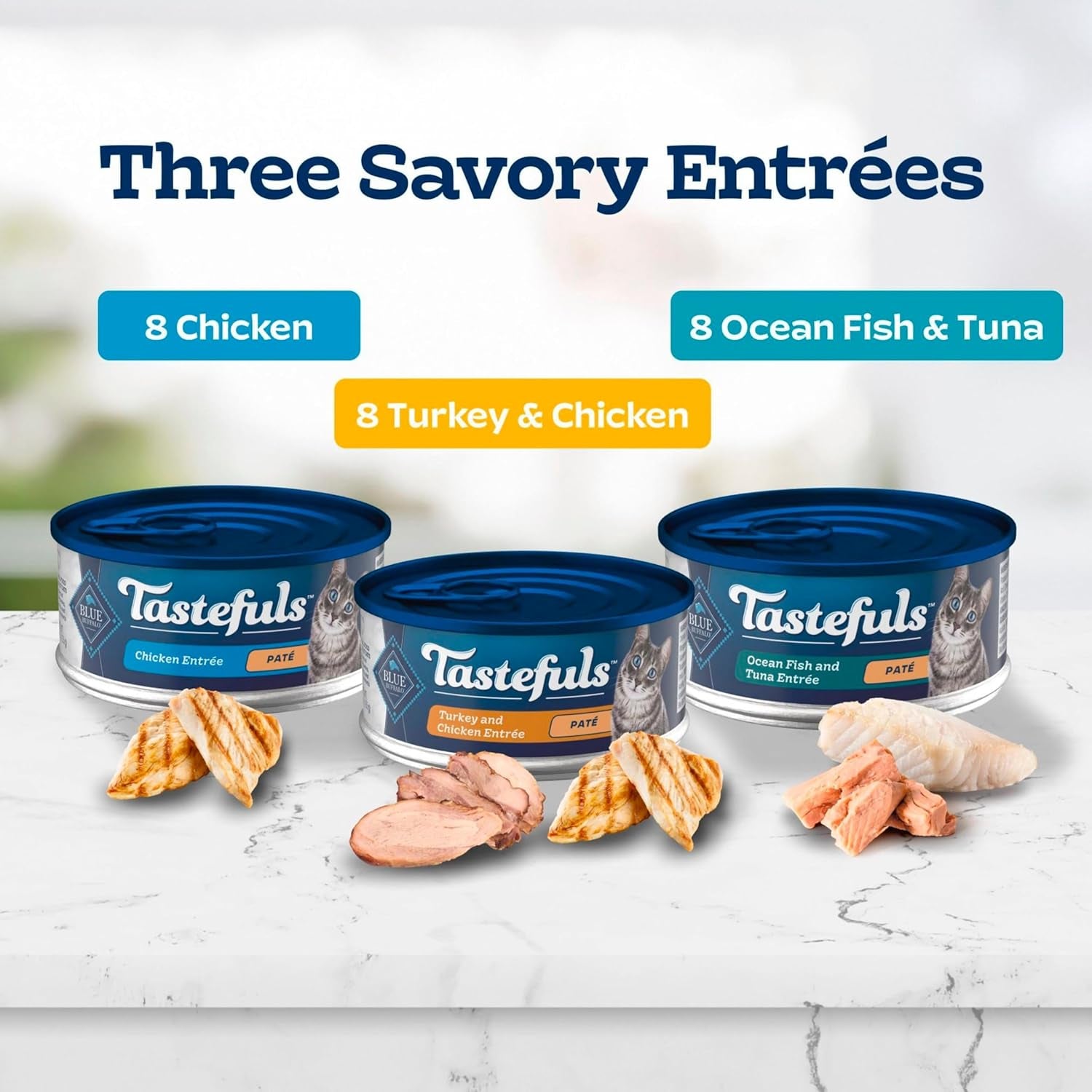 Tastefuls Wet Cat Food Paté Variety Pack, Made with Natural Ingredients, Chicken, Turkey & Chicken, Ocean Fish & Tuna Entrées, 5.5-Oz Cans (24 Count, 8 of Each)