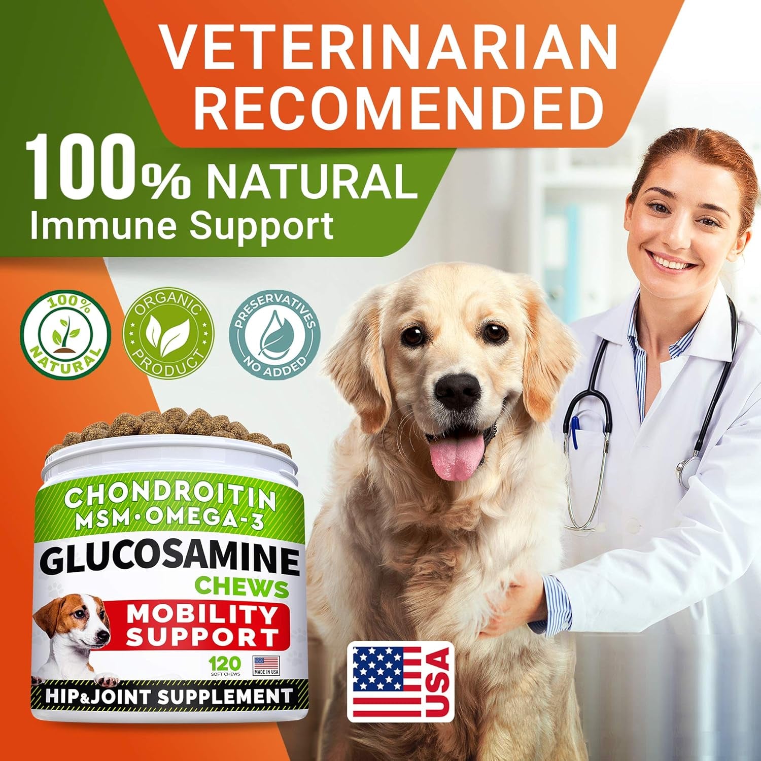 Glucosamine Treats for Dogs - Joint Supplement W/Omega-3 Fish Oil - Chondroitin, MSM - Advanced Mobility Chews - Joint Pain Relief - Hip & Joint Care - Chicken Flavor - 120 Ct - Made in USA