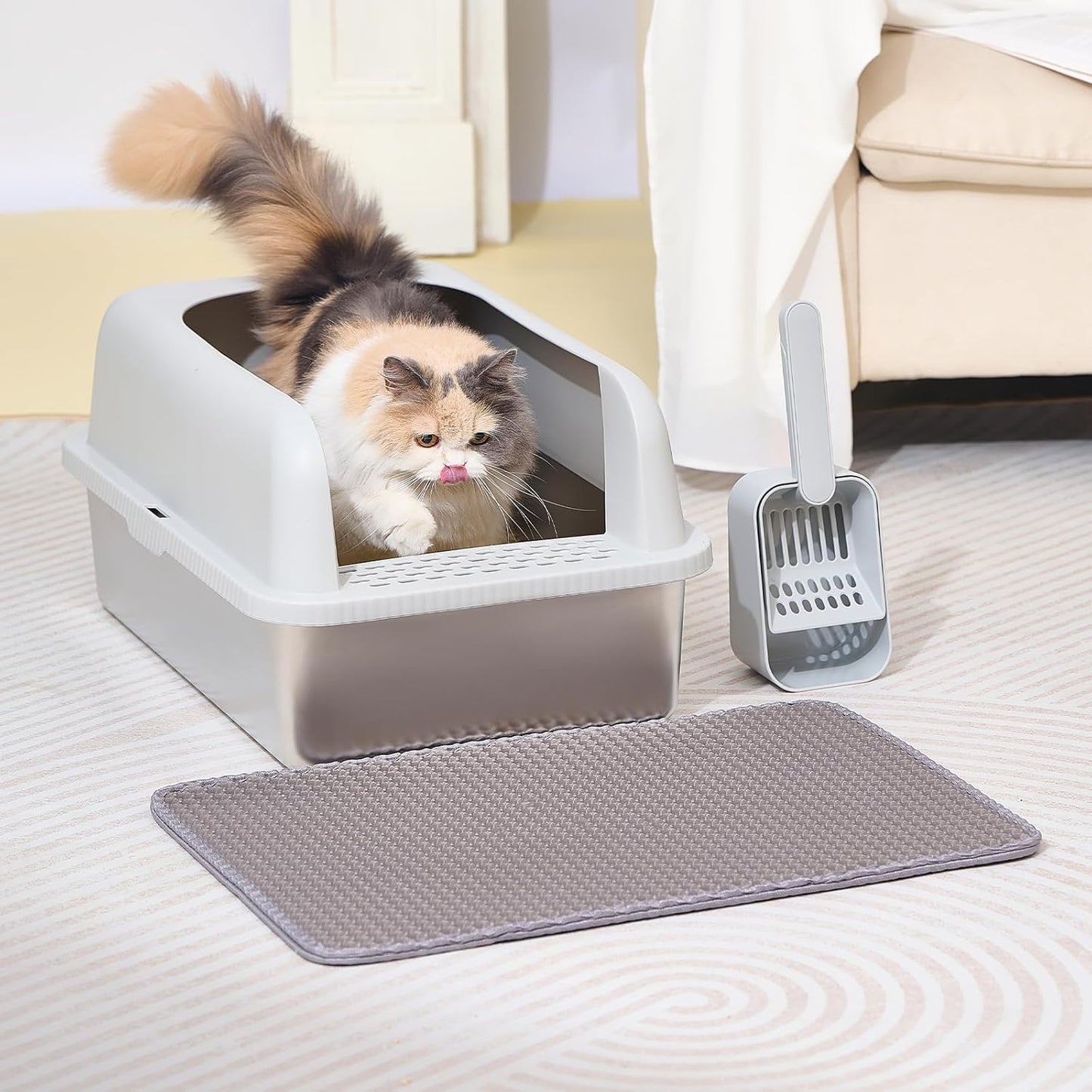 Stainless Steel Cat Litter Box with Lid, 20" L X 14.2" W X 11.8" H, Extra Large Litter Box for Big Cats with High Sided, Anti-Urine Leakage, Easy Cleaning, Include Cat Mat and Scoop