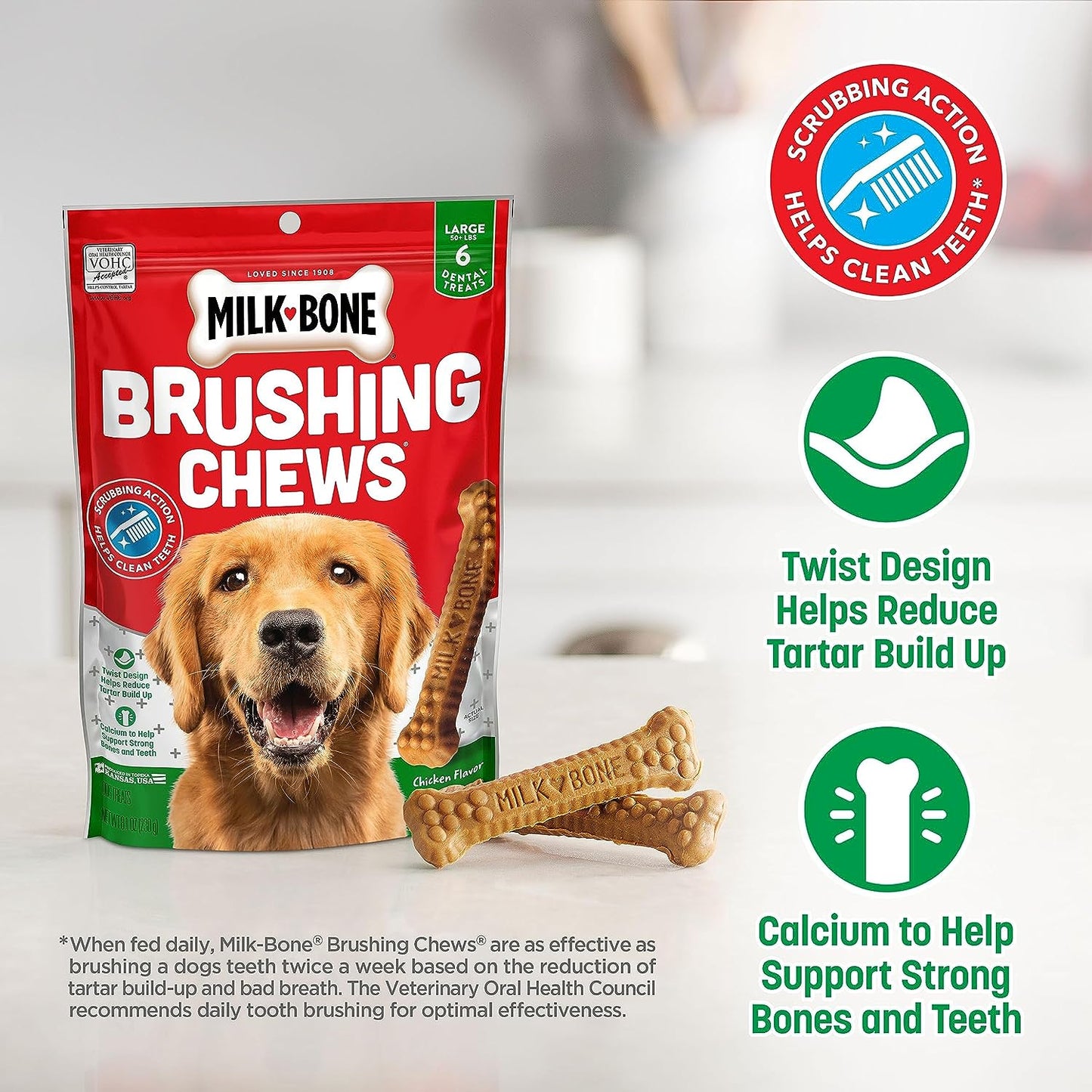 Original Brushing Chews 18 Large Daily Dental Dog Treats Scrubbing Action Helps Clean Teeth