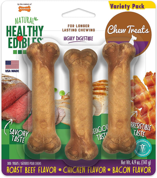 Healthy Edibles Natural Dog Chews Long Lasting Roast Beef, Chicken & Bacon Flavor Treats for Dogs, Small/Regular (3 Count)