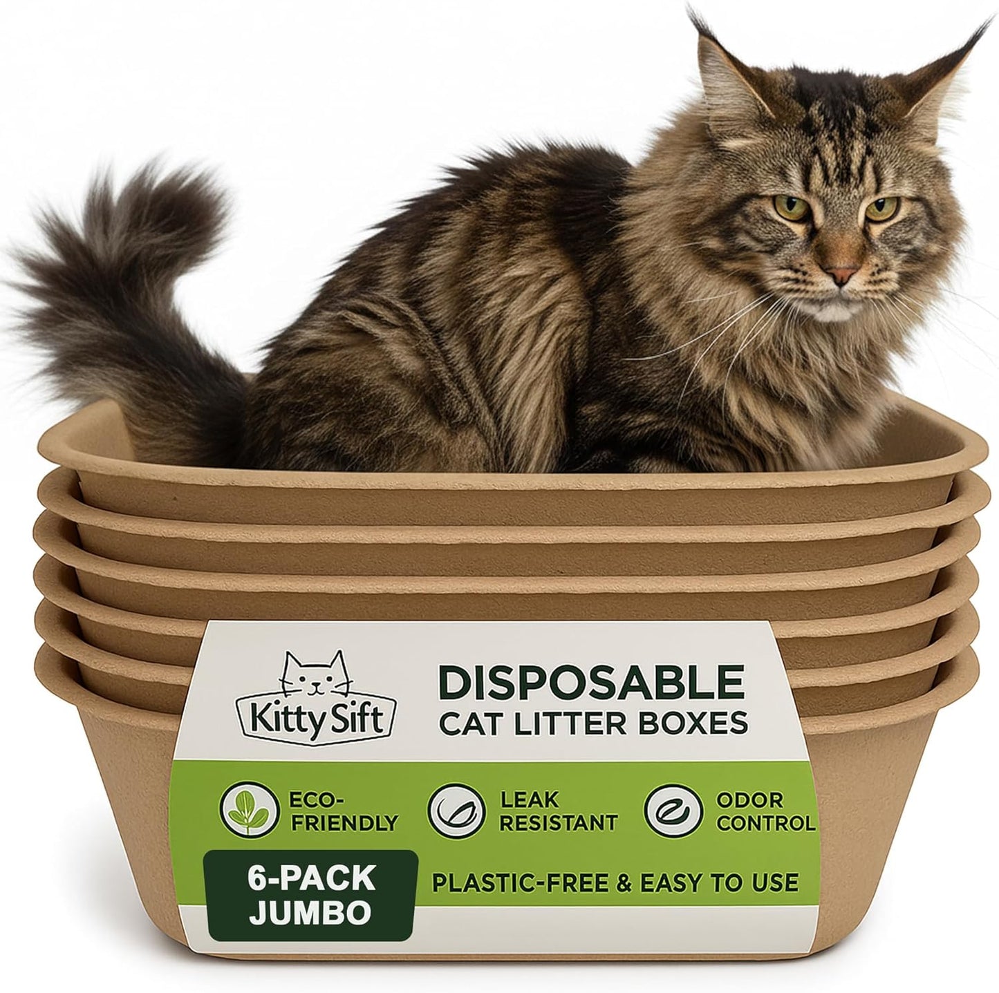 (6-Pack) Disposable Cat Litter Box, Sustainable, Clean - Jumbo, 6-Pack