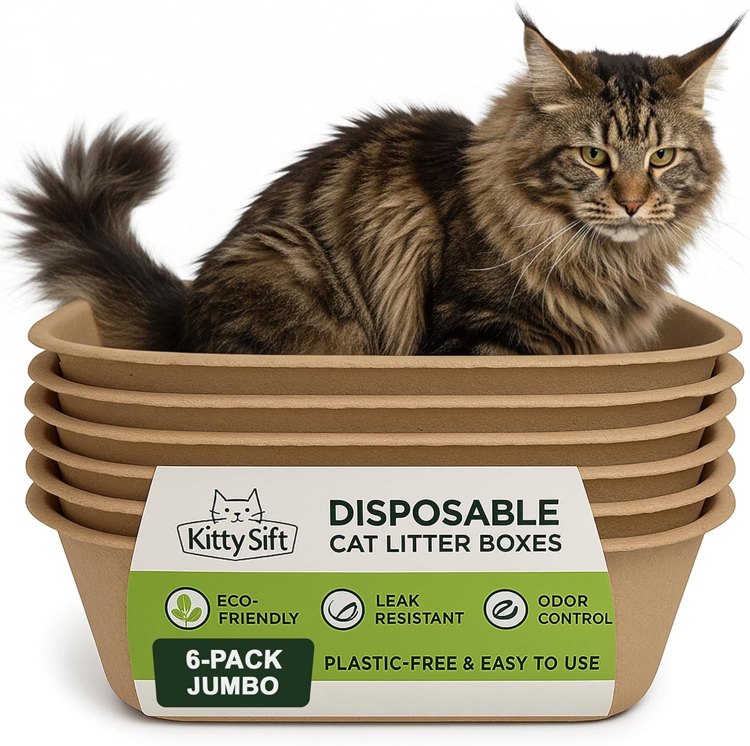 (6-Pack) Disposable Cat Litter Box, Sustainable, Clean - Jumbo, 6-Pack