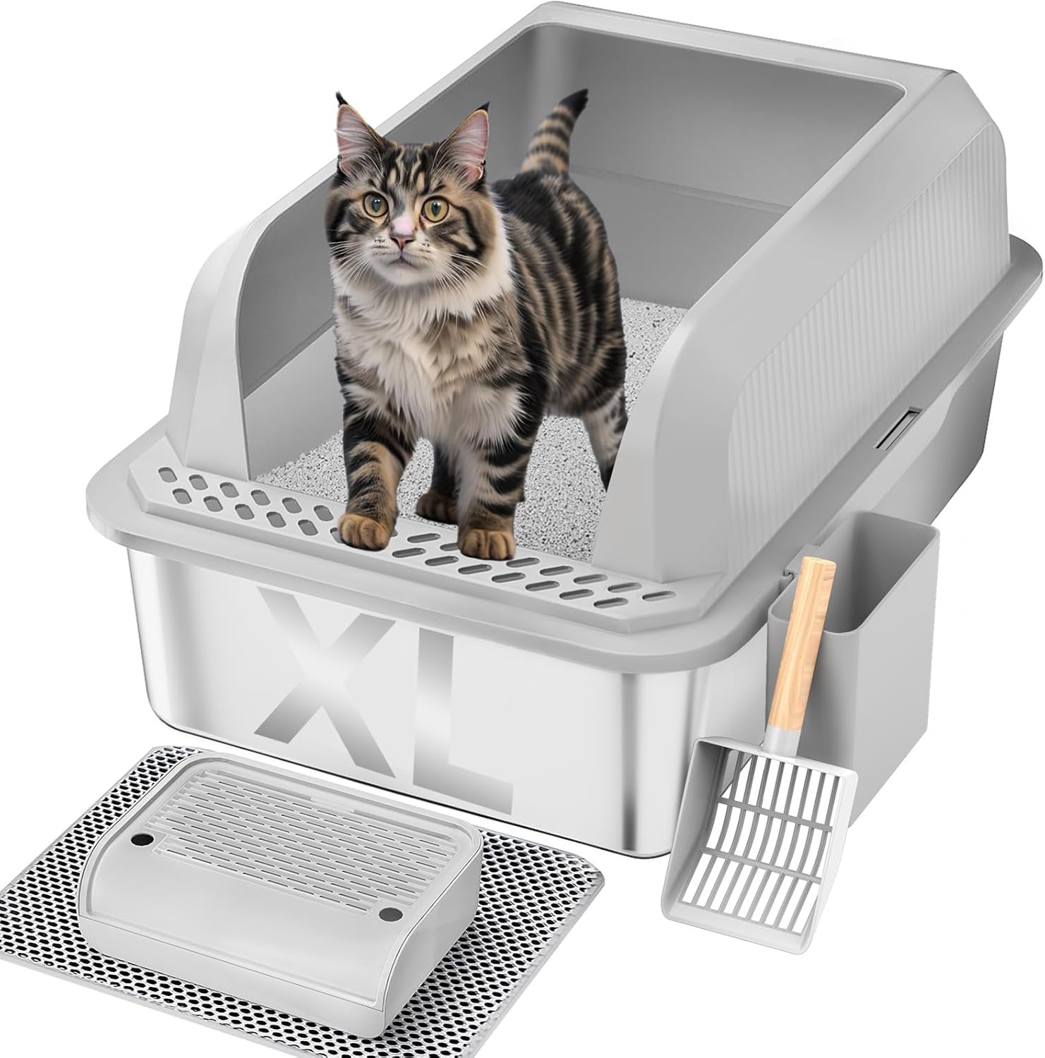 Stainless Steel Cat Litter Box with Lid, XL Large Litter Box for Big Cats, Enclosed Kitty Litter Pan with High Sides, Anti-Leakage & Non-Stick, Easy to Clean, Included Scoop, Aisle and Mat