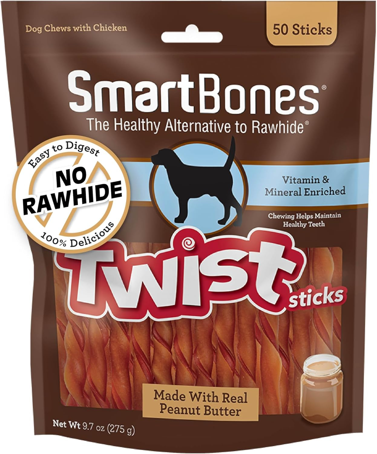 Smart Twist Sticks with Peanut Butter, Rawhide-Free Chews for Dogs, 50 Count