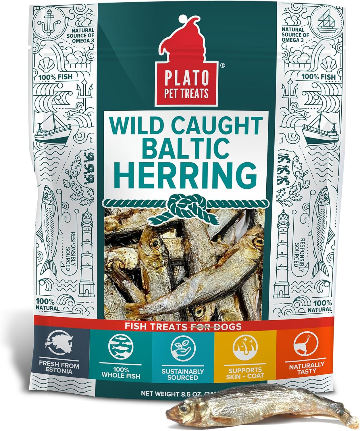 Pet Treats Fish Dog Treats - Air-Dried, Single Ingredient Dog Treat - with Omega 3 & 6 Fatty Acids to Support Skin and Coat - 100% Whole Fish - Wild Caught Baltic Herring Dog Treats - 8.5 Oz