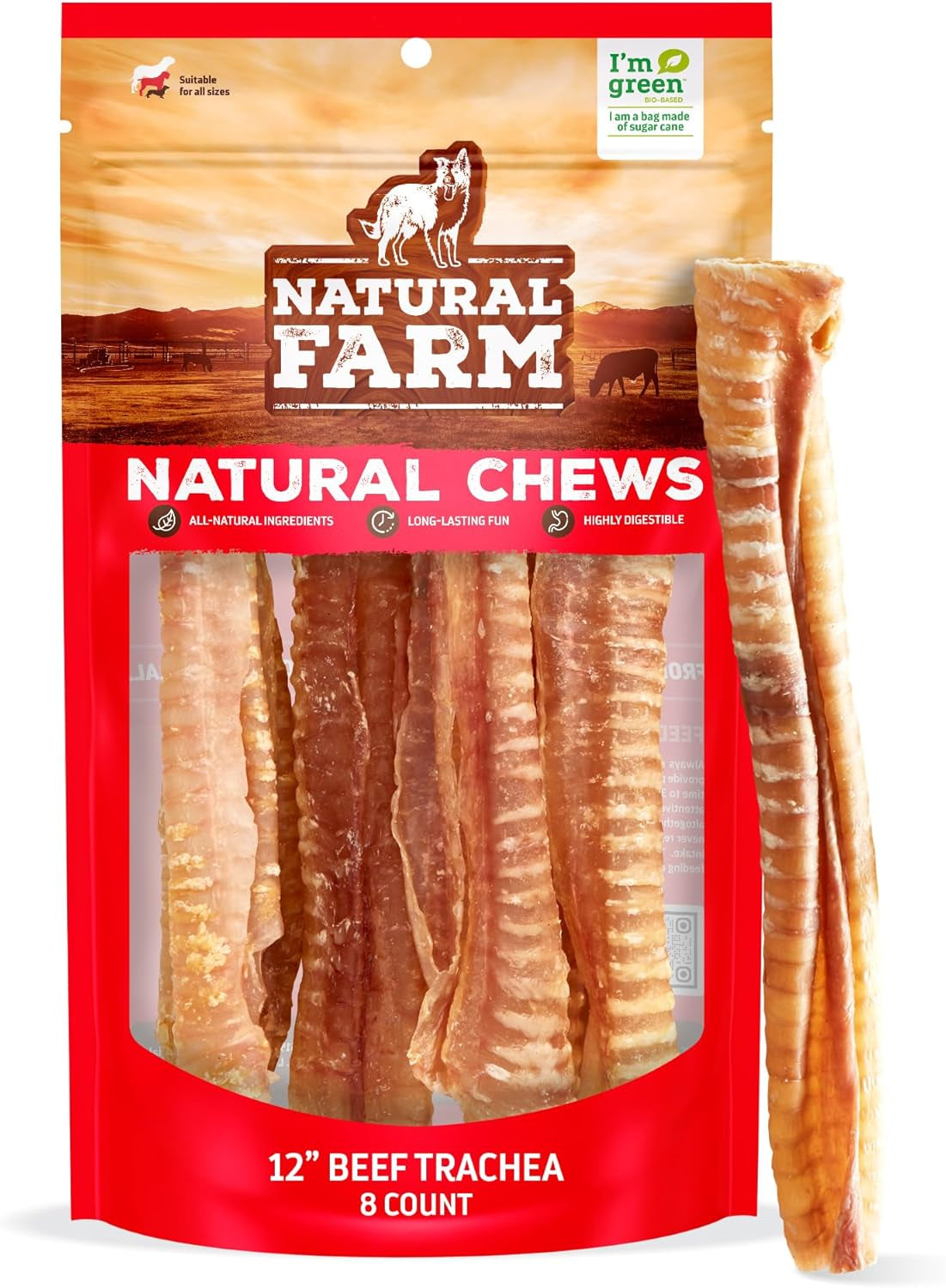 Beef Trachea (12 Inch, 8 Pack), 100% Beef Chews, Natural Glucosamine and Chondroitin for Joint & Hip Mobility, Bone Strength – Low Fat Crunchy & Crispy Treats for All Dogs