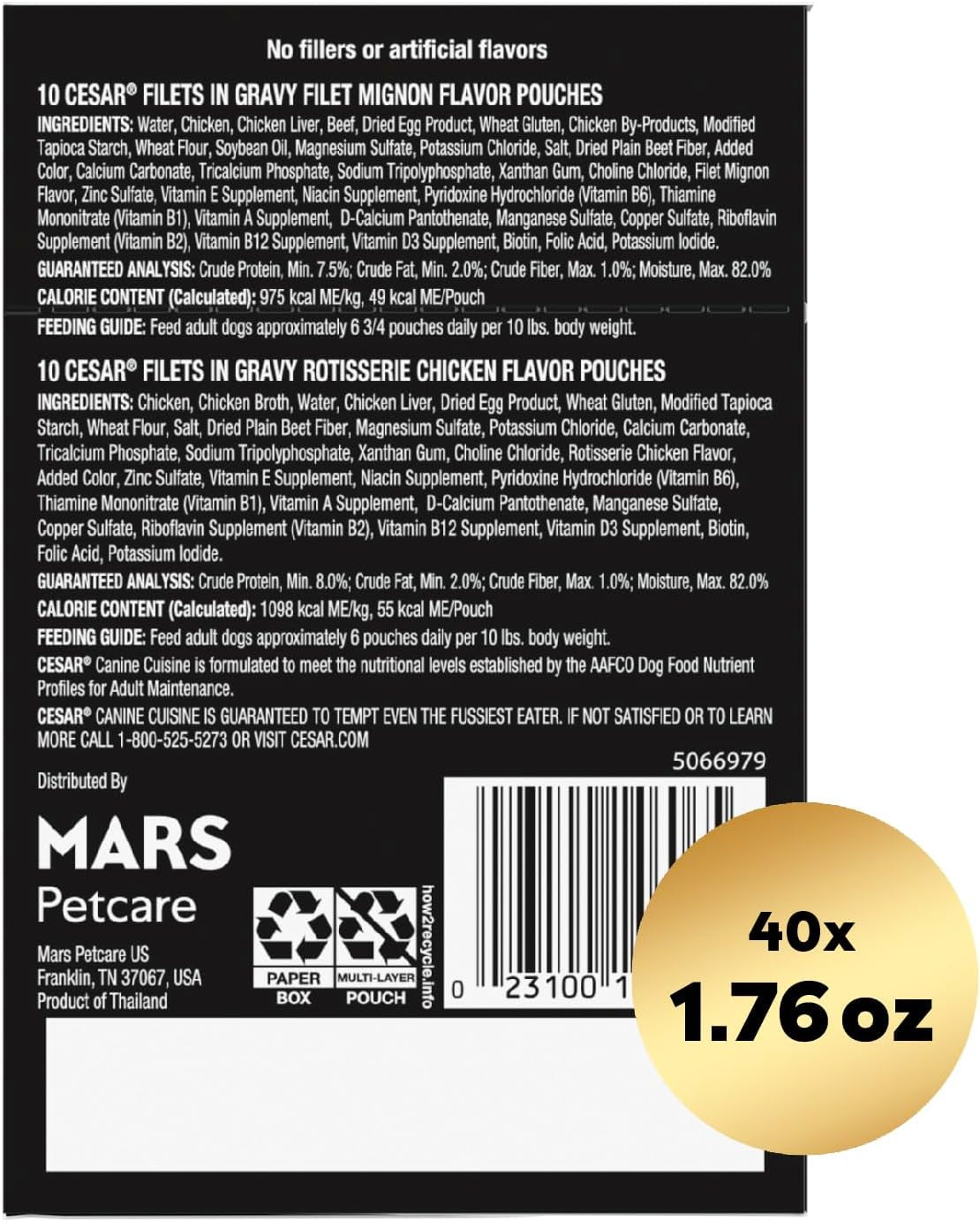 Filets in Gravy Wet Dog Food Filet Mignon Flavor and Rotisserie Chicken Flavor Variety Pack, 1.76 Oz. Mini-Pouches (20 Count, Pack of 2)
