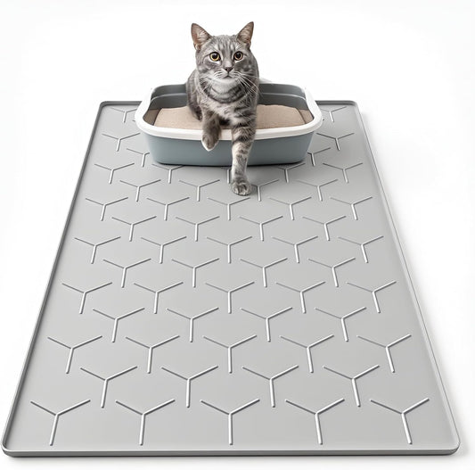 Cat Mat for Litter Box, Large 34" X 22" Cat Litter Mat, Waterproof Silicone Pad for Floor, Gray