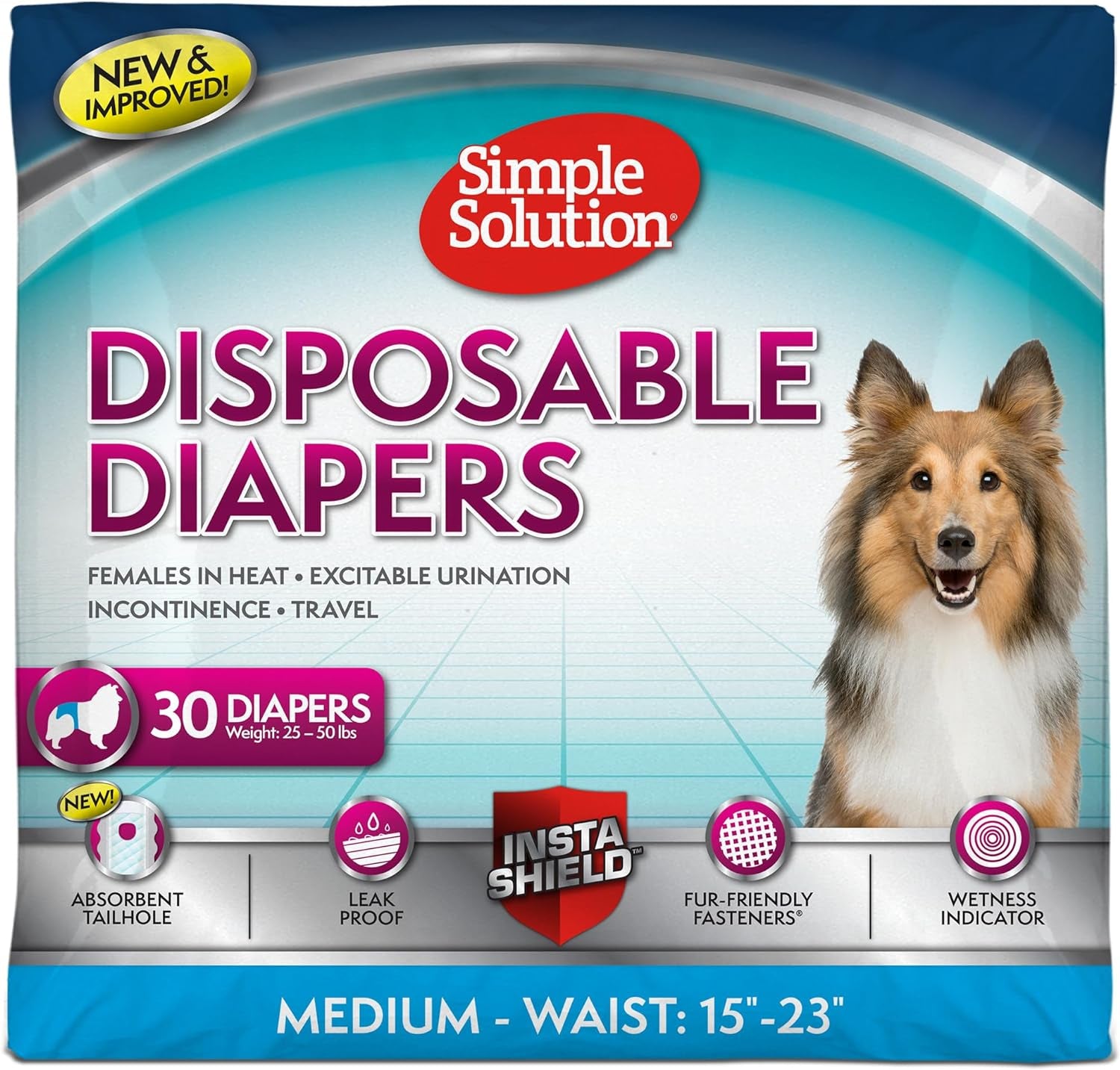 Disposable Dog Diapers, Female Dog Diapers, Puppy Potty Training, Incontinence and Heat Cycle Protection, Medium Diapers for Dogs, 15-23 Inch Waist, 30 Count
