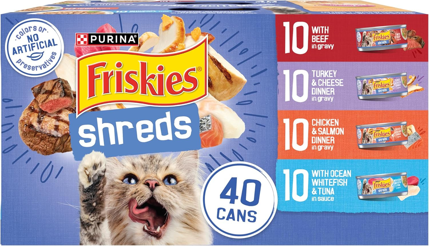 Purina  Wet Cat Food Variety Pack, Shreds with Beef, Turkey & Cheese, Chicken & Salmon, Ocean Whitefish & Tuna - Indoor Canned Cat Food Wet Gravy - (Pack of 40) 5.5 Oz Cans