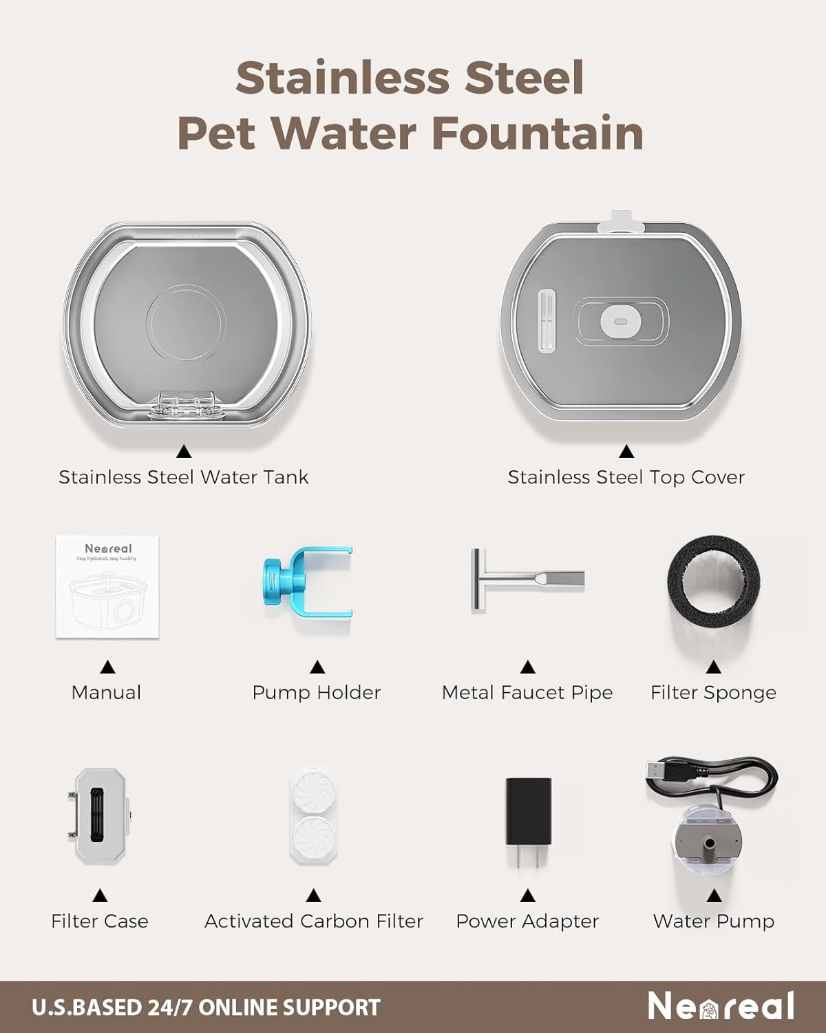 Cat Water Fountain Stainless Steel - Pet Drinking Fountain for Cats Indoor - 3.2L/108Oz Automatic Water Dispenser with Watering Level Window (4 Filter)