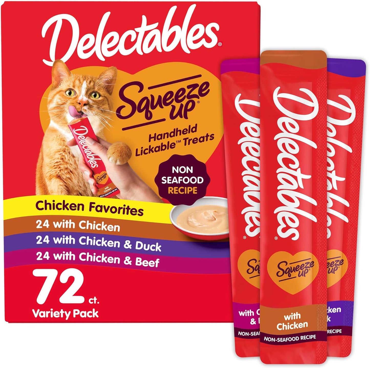 Delectables Squeeze up Non-Seafood Variety Pack, Creamy Squeezable Puree, Lickable Wet Cat Treats, Grain Free, No Added Fillers, No By-Products, No Added Preservatives, 0.5 Ounces Tube, 72 Tubes Total