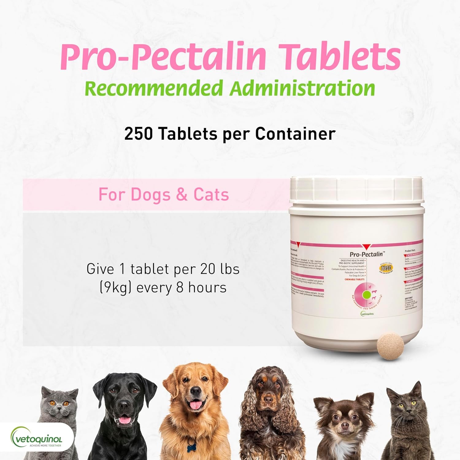 Pro-Pectalin Chewable Tablets for Dogs & Cats, Helps Relieve Occasional Diarrhea, Situational Diarrhea Relief with Kaolin and Pectin, Contains Beneficial Probiotic Bacteria, 250 Ct