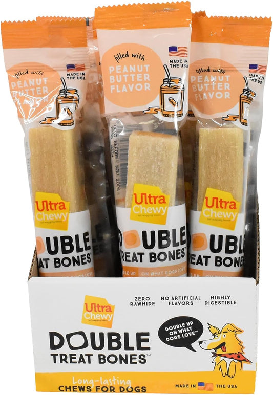 Peanut Butter Double Treat Bones: Long-Lasting Dog Treats Made in USA for Large and Small Breeds, Highly Digestible, Ideal for Aggressive Chewers (24 Count)