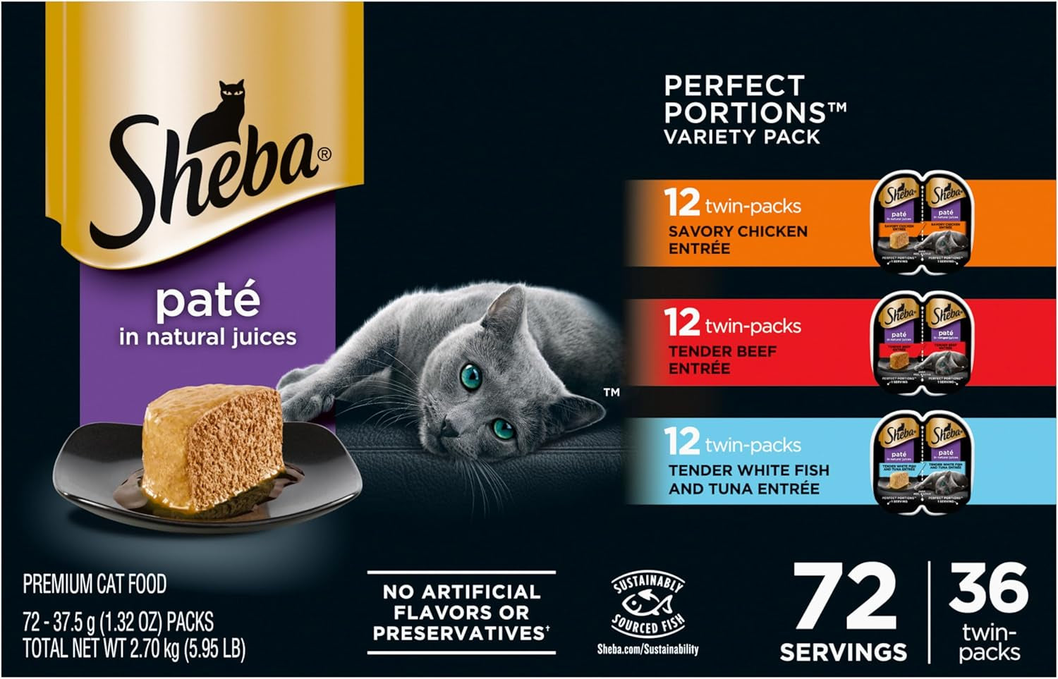 Perfect Portions Wet Cat Food Pate Savory Chicken Entree, Tender Beef Entree, and Tender Whitefish and Tuna Entree, 2.6 Oz. Twin-Pack Trays (36 Count, 72 Servings)