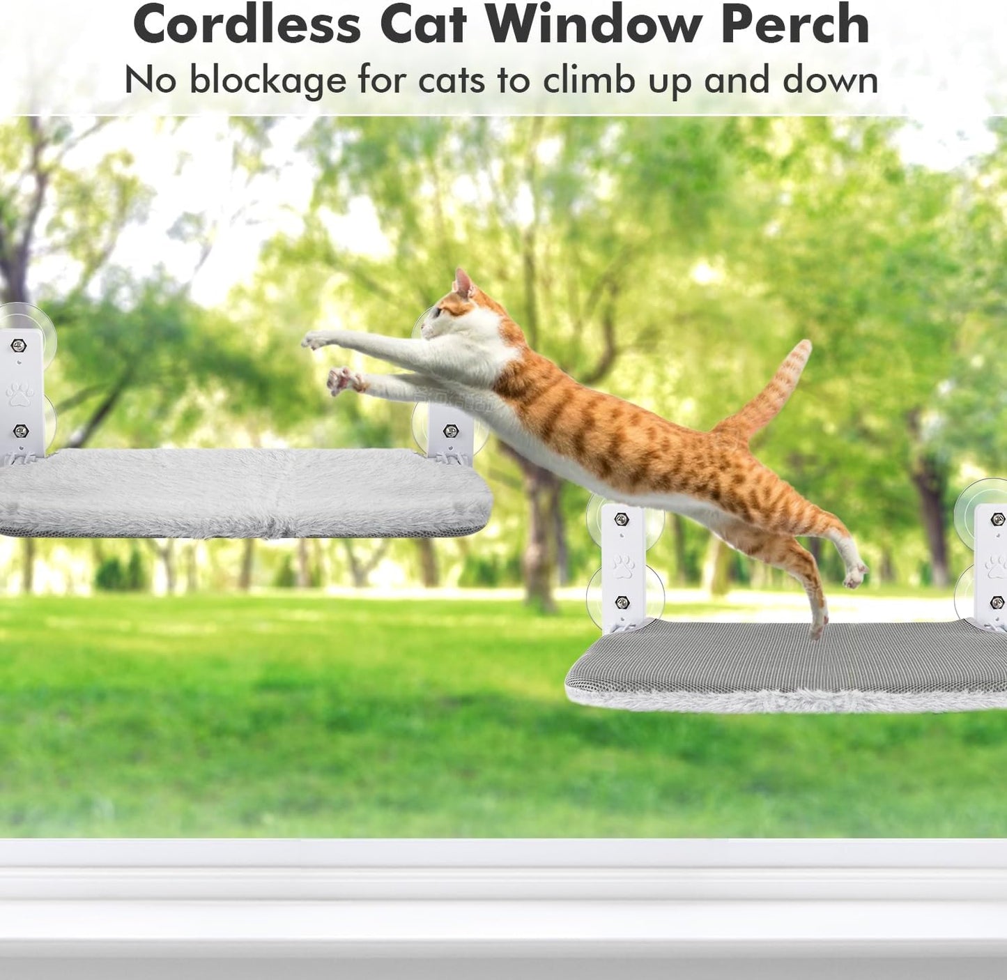 Cordless Cat Window Perch, Cat Hammock for Wall with 4 Suction Cups, Solid Metal Frame and Reversible Cover, Foldable Cat Beds for Indoor Cats