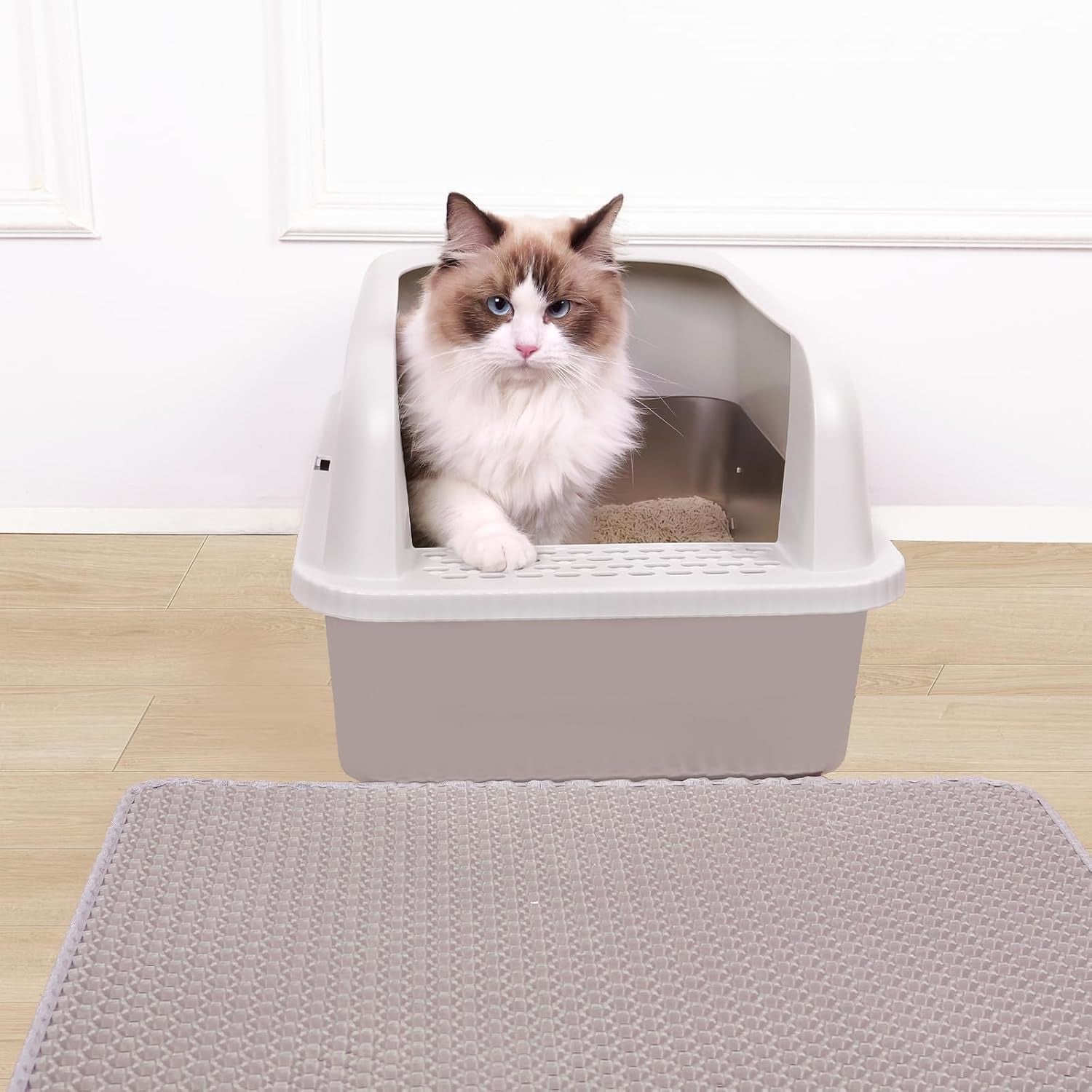 Stainless Steel Cat Litter Box with Lid, 20" L X 14.2" W X 11.8" H, Extra Large Litter Box for Big Cats with High Sided, Anti-Urine Leakage, Easy Cleaning, Include Cat Mat and Scoop
