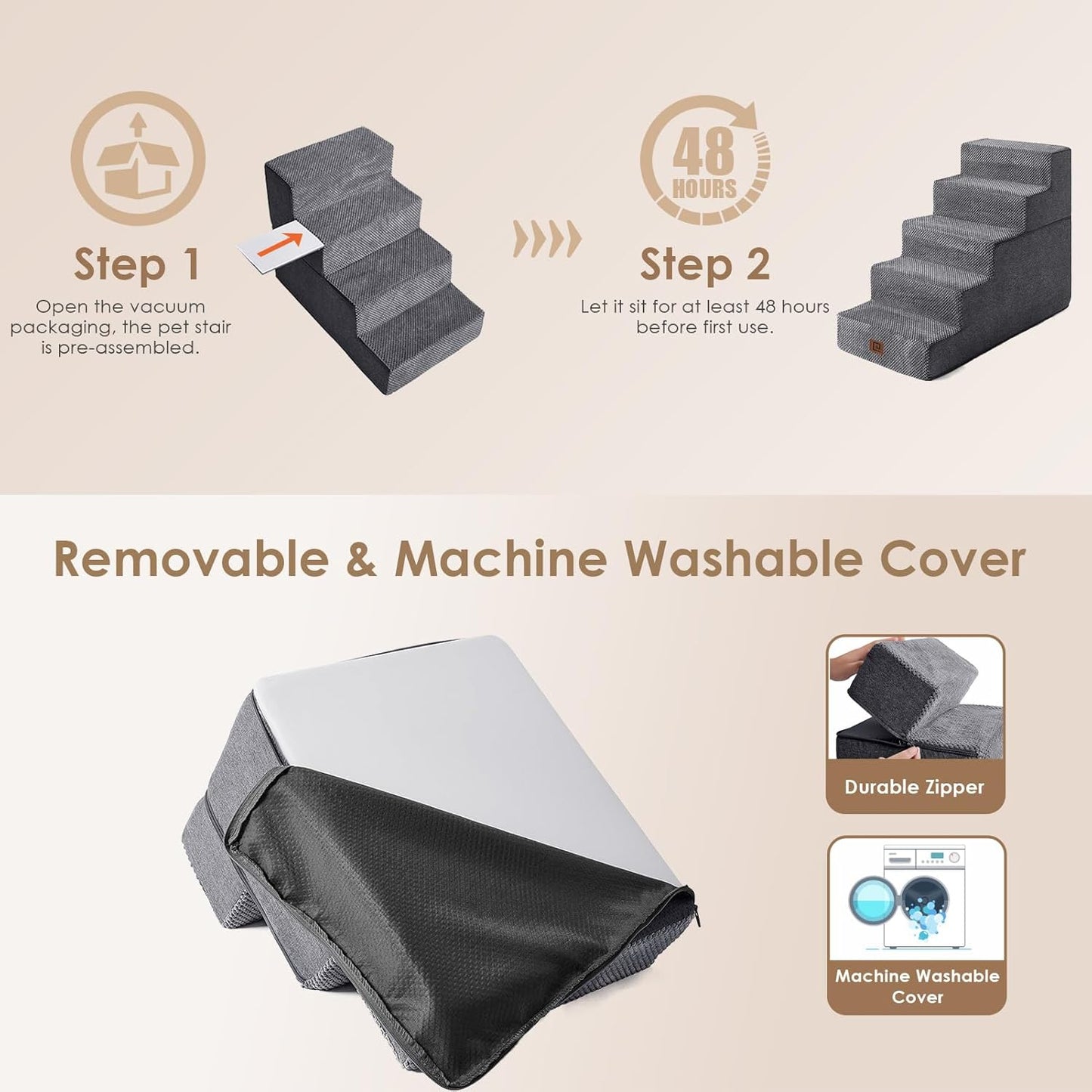 Dog Stairs for High Bed 22.5" H, 5-Step Dog Steps for Bed, Pet Steps for Small Dogs and Cats, Non-Slip Balanced Pet Ramp Indoor, Grey