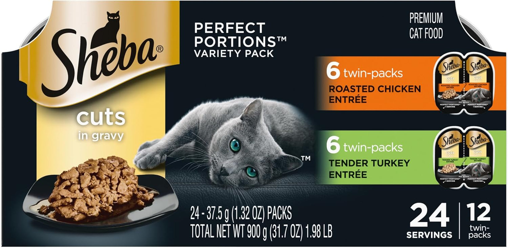 Perfect Portions Wet Cat Food Cuts in Gravy Variety Pack, Roasted Chicken Entree and Tender Turkey Entree, 2.6 Oz. Twin-Pack Trays (12 Count, 24 Servings)