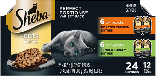 Perfect Portions Wet Cat Food Cuts in Gravy Variety Pack, Roasted Chicken Entree and Tender Turkey Entree, 2.6 Oz. Twin-Pack Trays (12 Count, 24 Servings)