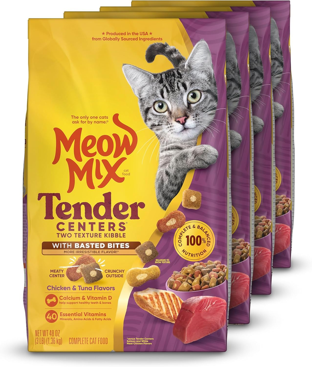 Tender Centers Basted Bites Dry Cat Food, Chicken & Tuna Flavor, 3 Pound (Pack of 4), Crunchy outside Meaty Inside