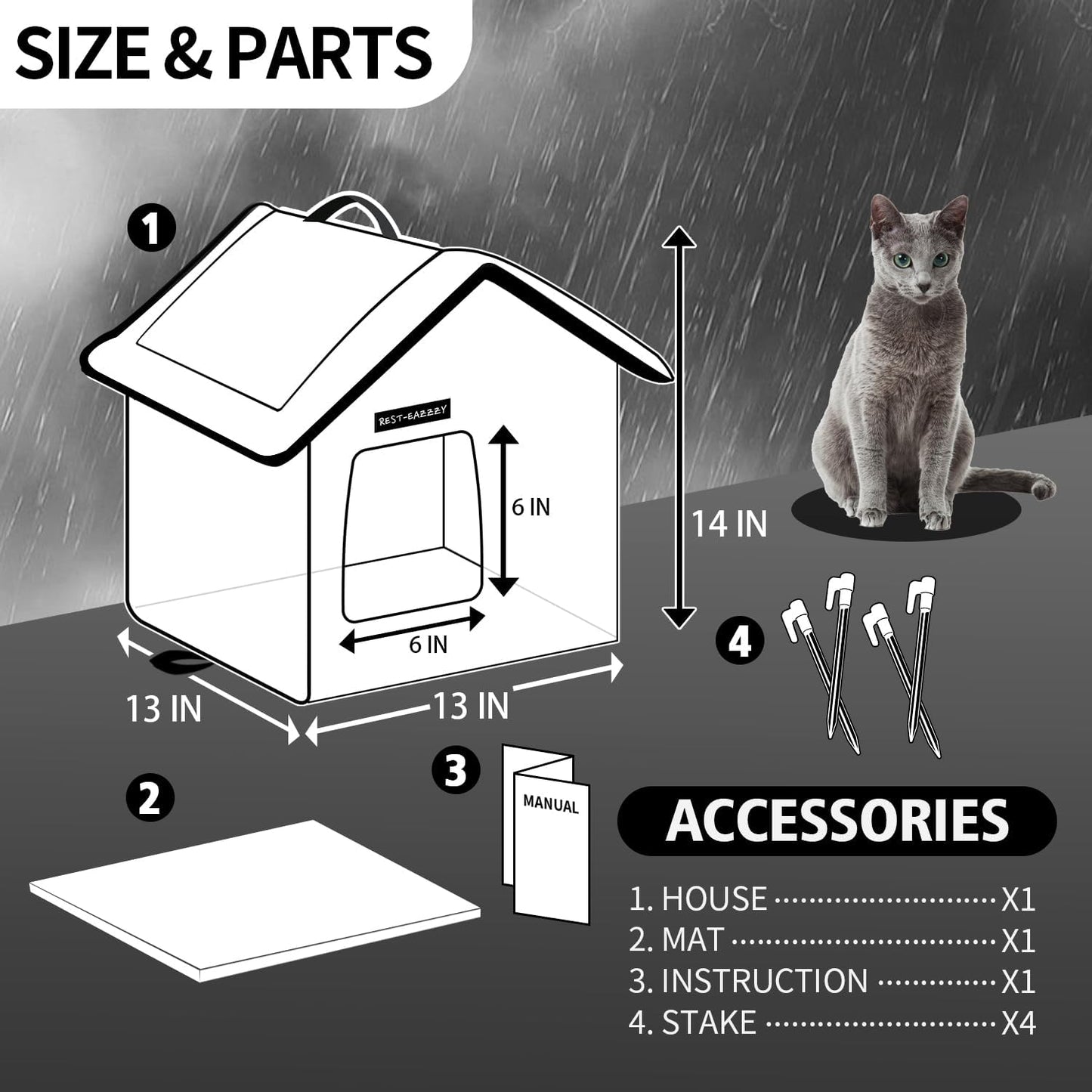 Cat House for Outdoor Cats, Weatherproof and Insulated Feral Cat House with Mat and Clip, Easy to Put Together, Selfwarming Cat Shelter for Winter(Grey, Waterproof House-S)
