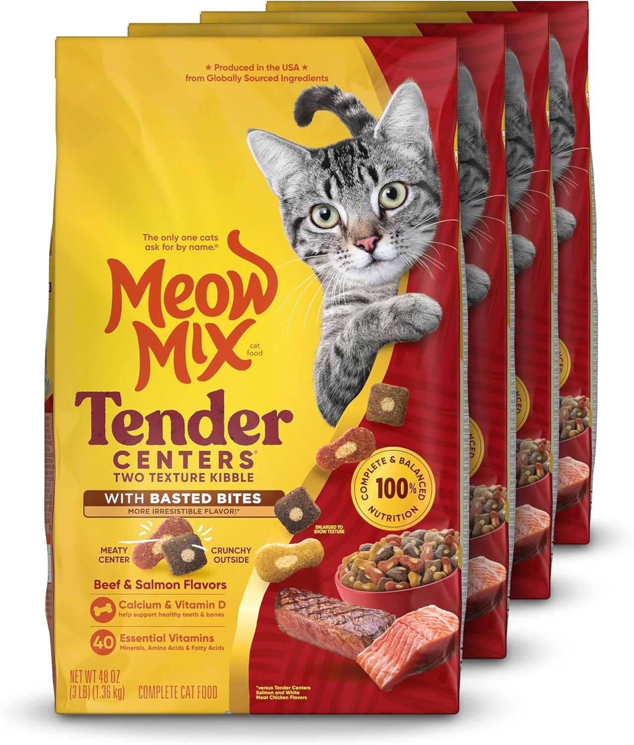 Tender Centers Basted Bites Dry Cat Food, Beef & Salmon Flavors, 3 Pound (Pack of 4), Crunchy outside Meaty Inside