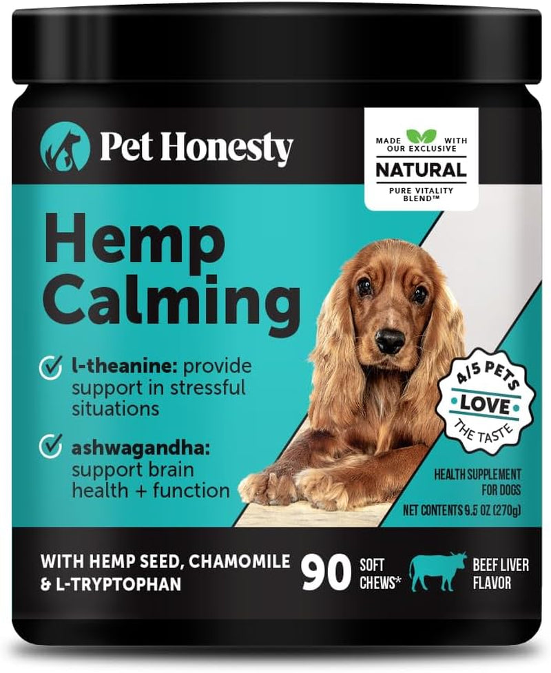 Natural Hemp Calming Chews for Dogs - Dog Anxiety Relief - Calming Aid Supplement with Valerian Root, Chamomile, + Magnesium - Stress, Separation & Thunder Support - (Beef Liver, 90 Count)