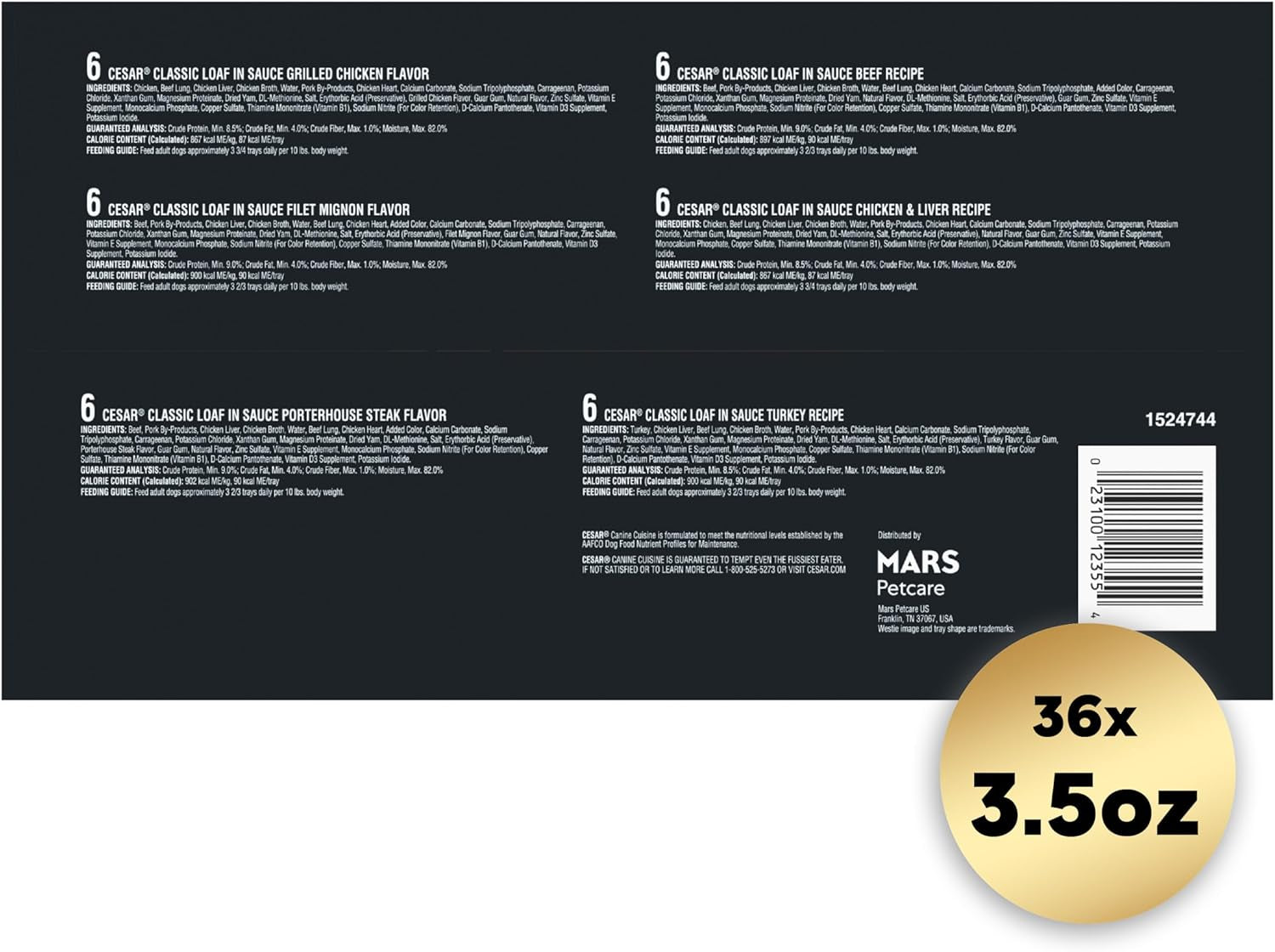 Wet Dog Food Classic Loaf in Sauce Grilled Chicken, Filet Mignon, Porterhouse Steak, Beef, Chicken & Liver and Turkey Variety Pack 3.5 Oz. Easy Peel Trays (36 Count, Pack of 1)