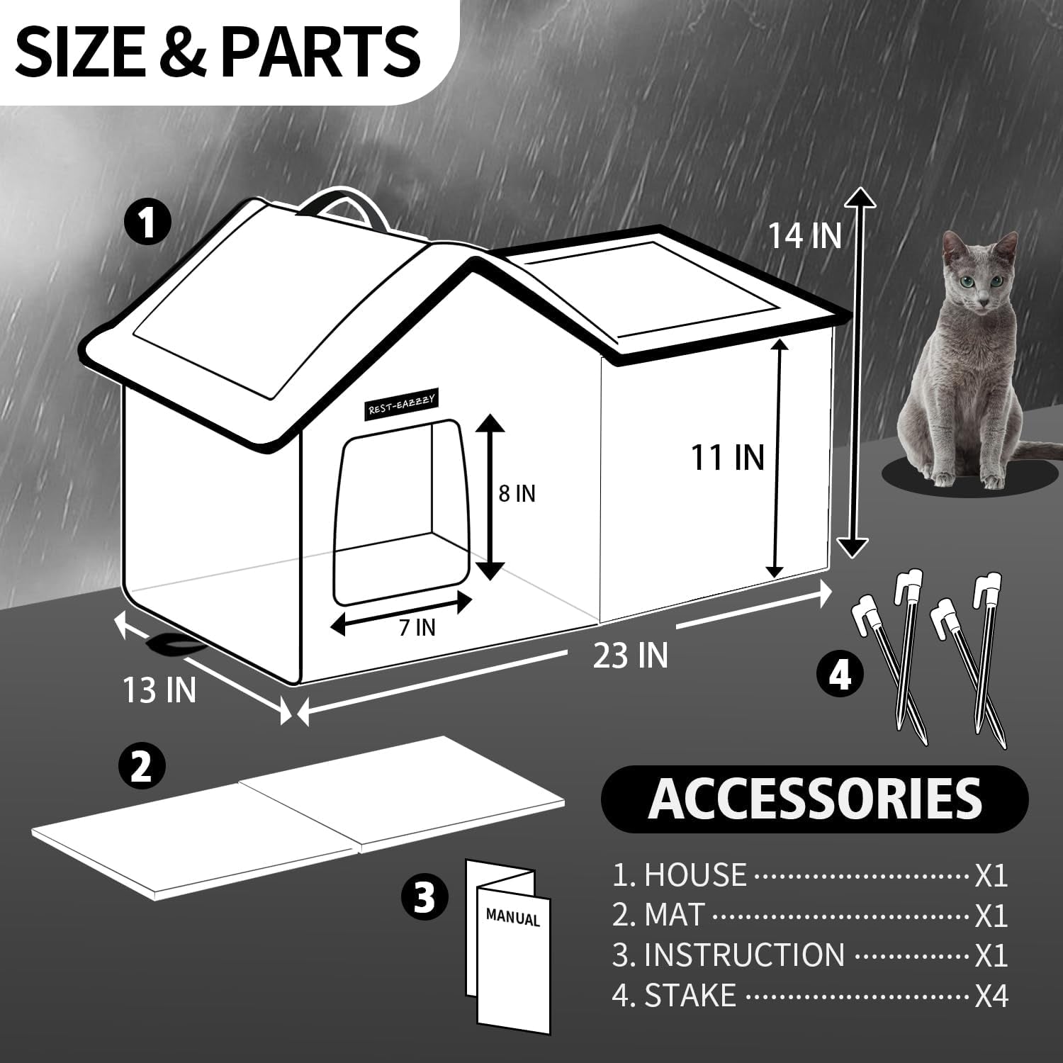 Cat House for Outdoor Cats, Weatherproof and Insulated Feral Cat House with Mat and Clip, Easy to Put Together, Selfwarming Cat Shelter for Winter(Grey, Waterproof House-L)