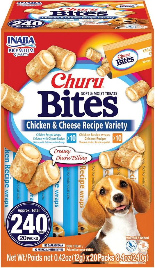 Churu Bites for Dogs, Soft & Chewy Dog Treats with Vitamin E, 0.42 Ounces Each Tube, 20 Tubes, Chicken & Cheese Variety Box