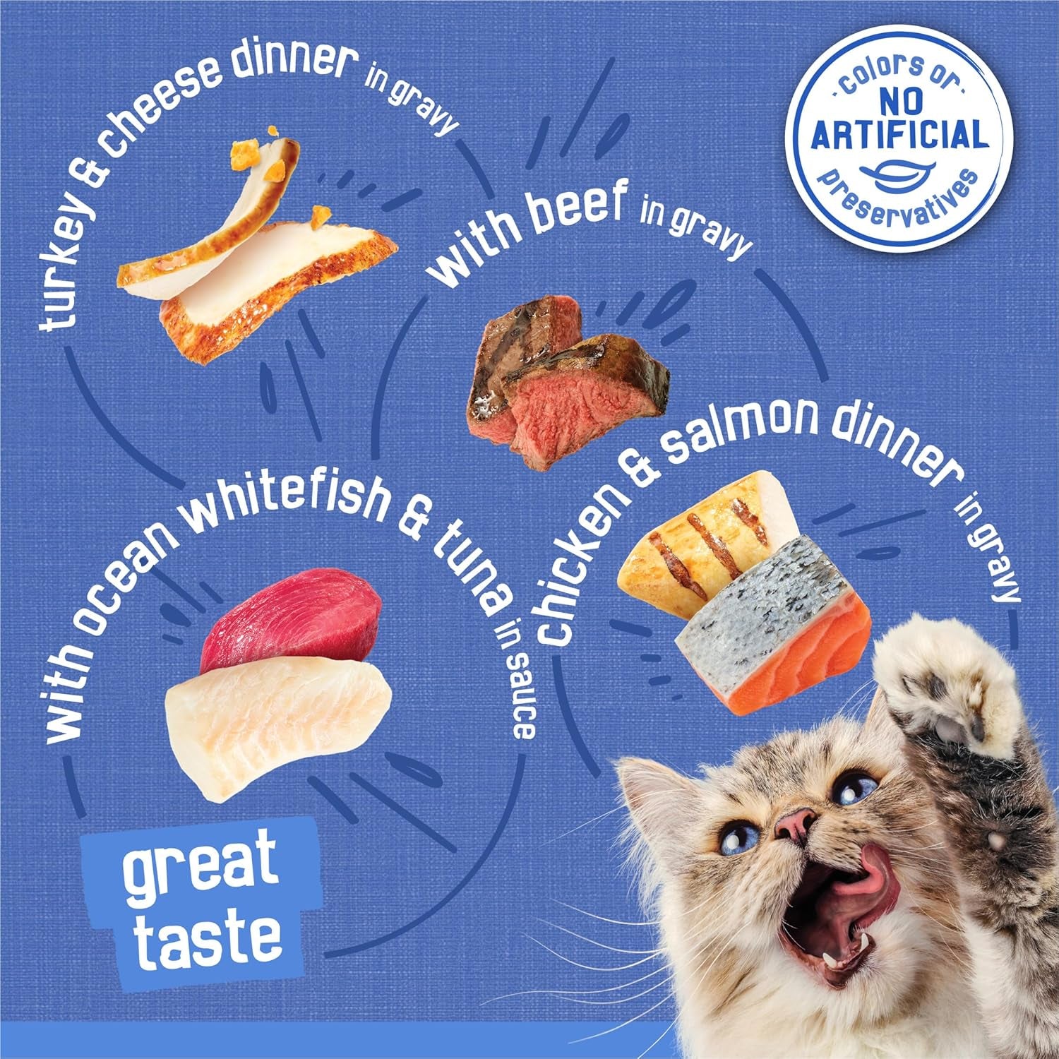 Purina  Wet Cat Food Variety Pack, Shreds with Beef, Turkey and Cheese Dinner, Chicken and Salmon Dinner, and with Ocean Whitefish and Tuna - 48 Ct. Can