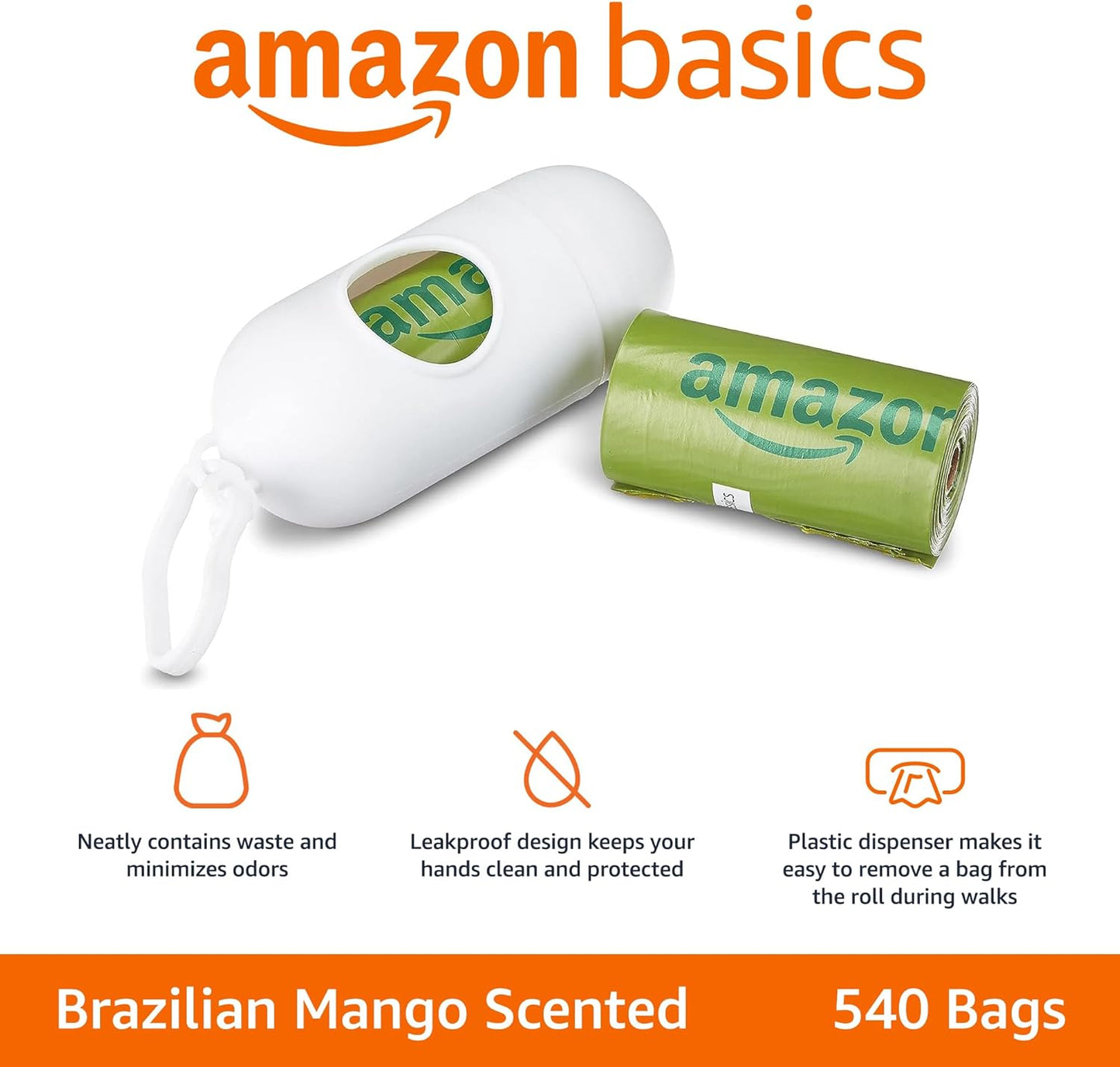 Dog Poop Bags with Dispenser, 540 Count, Enhanced for Guaranteed Leakproof, Brazilian Mango Scented, Includes Leash Clip
