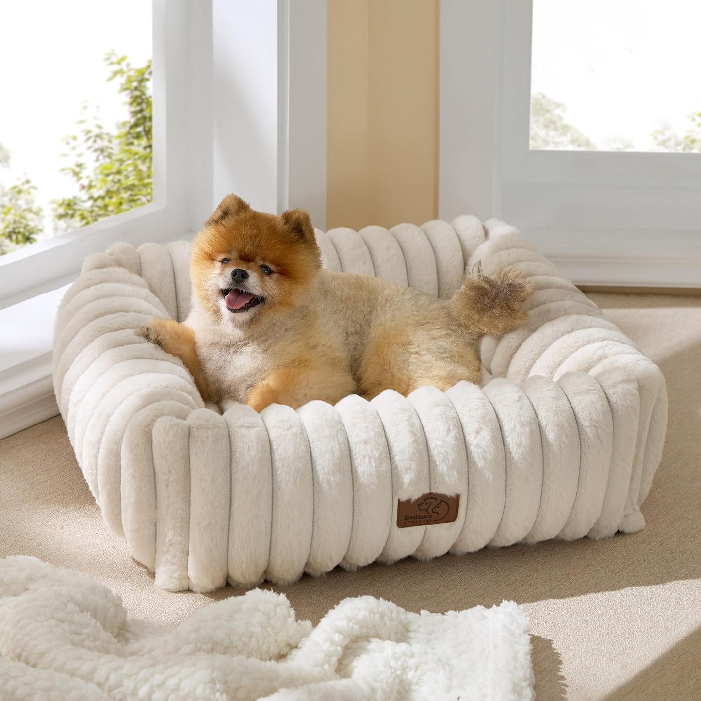 Cute Dog Bed for Small Medium Dogs - Washable Furry Puppy Beds, Rectangle Orthopedic Corduroy Fleece Pet Beds with Removable Zipper Cover, 25X21X7Inches, Cream