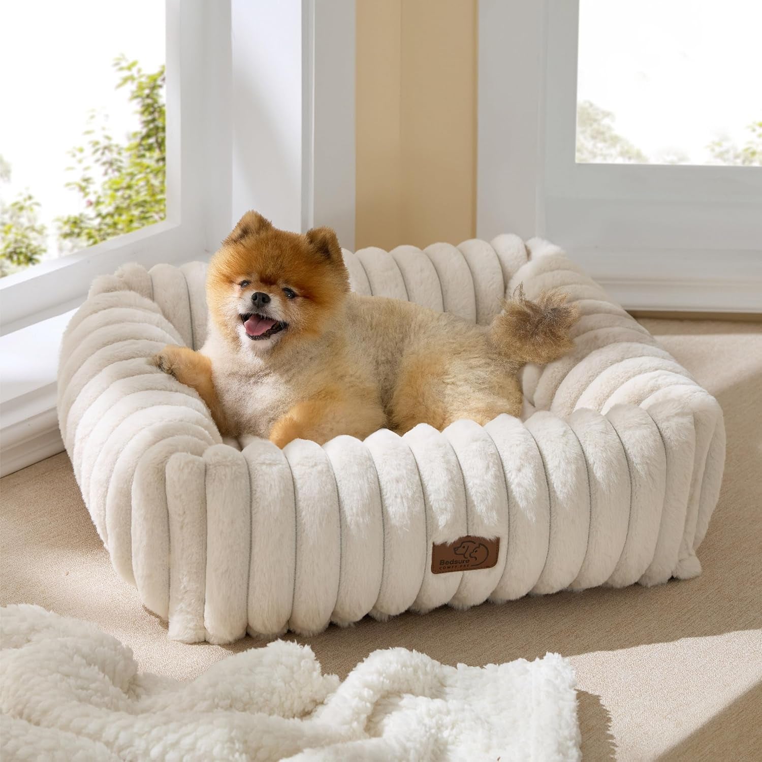 Cute Dog Bed for Small Medium Dogs - Washable Furry Puppy Beds, Rectangle Orthopedic Corduroy Fleece Pet Beds with Removable Zipper Cover, 25X21X7Inches, Cream
