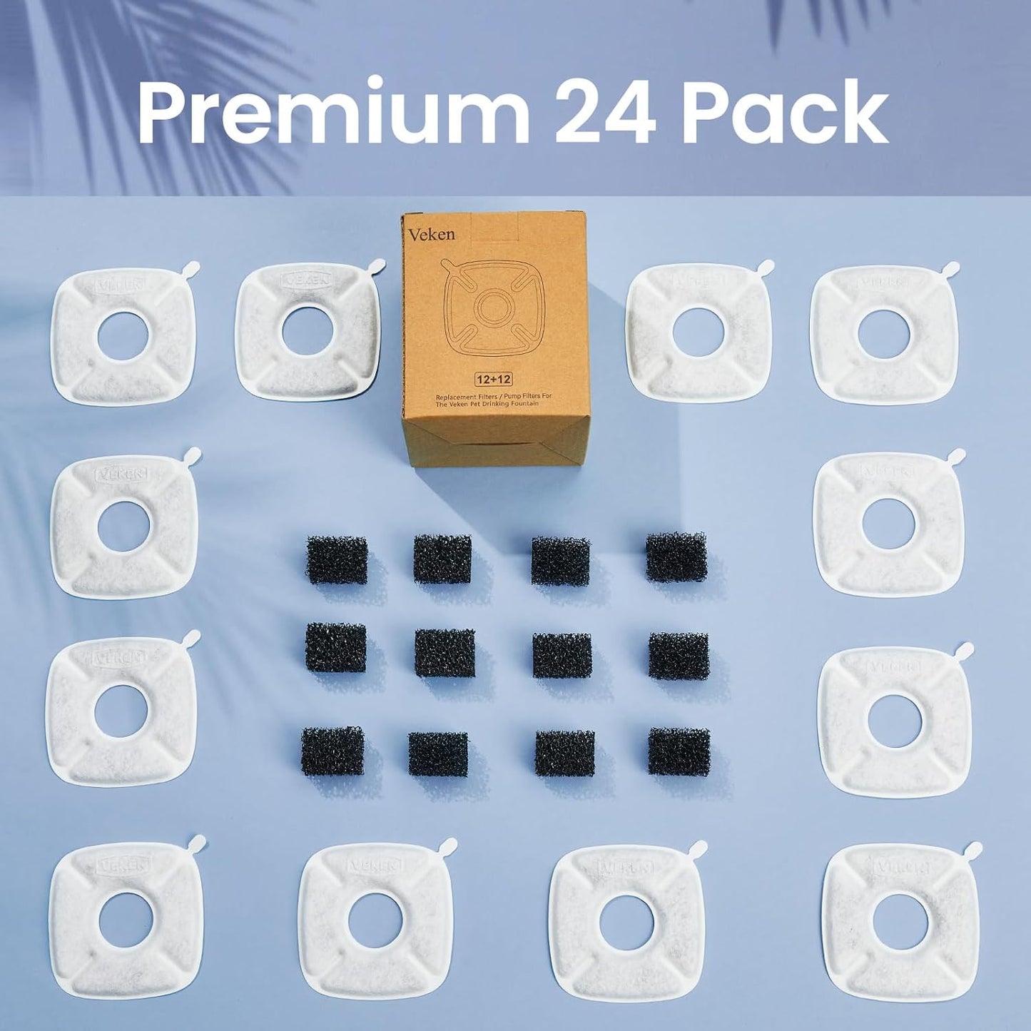 Cat Water Fountain Filter, Classic 12 Pack Replacement Filters & 12 Pack Replacement Pre-Filter Sponges for 50Oz, 84Oz, 95Oz Automatic Pet Fountain Dog Water Dispenser