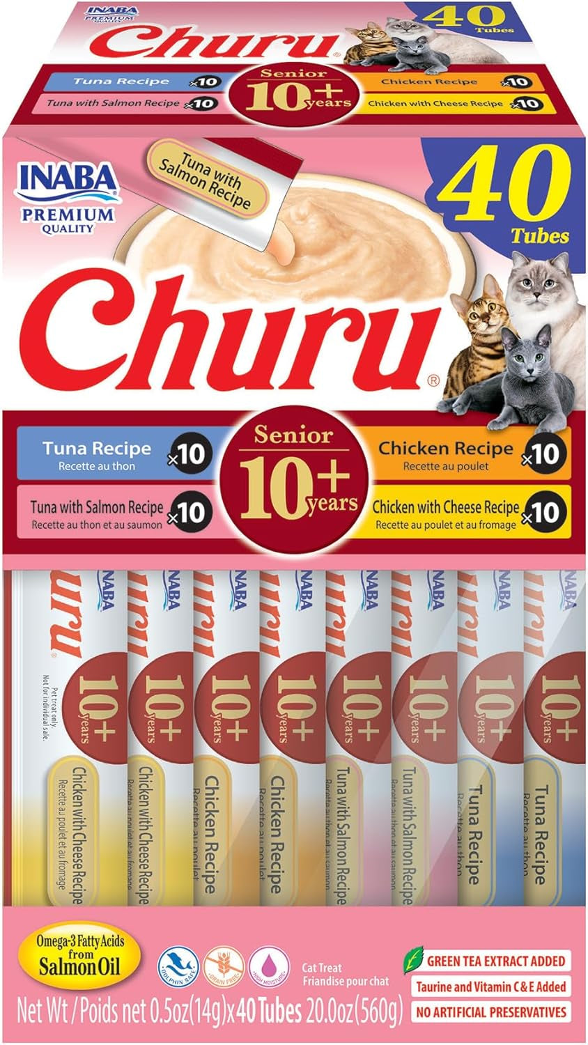 Churu for Senior 10+, Creamy Lickable Cat Treats with Taurine, Vitamin E & C, 0.5 Ounces Each, 40 Tubes, Tuna & Chicken Variety