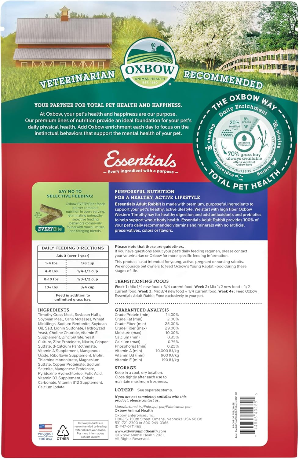 Essentials Rabbit Food, Adult, Made with  Timothy Hay for Rabbit, Pet Pellets with Vitamins & Minerals, Small Animal Pet Products, Bunny Food, Made in USA, High Fiber, 10 Lb. Bag