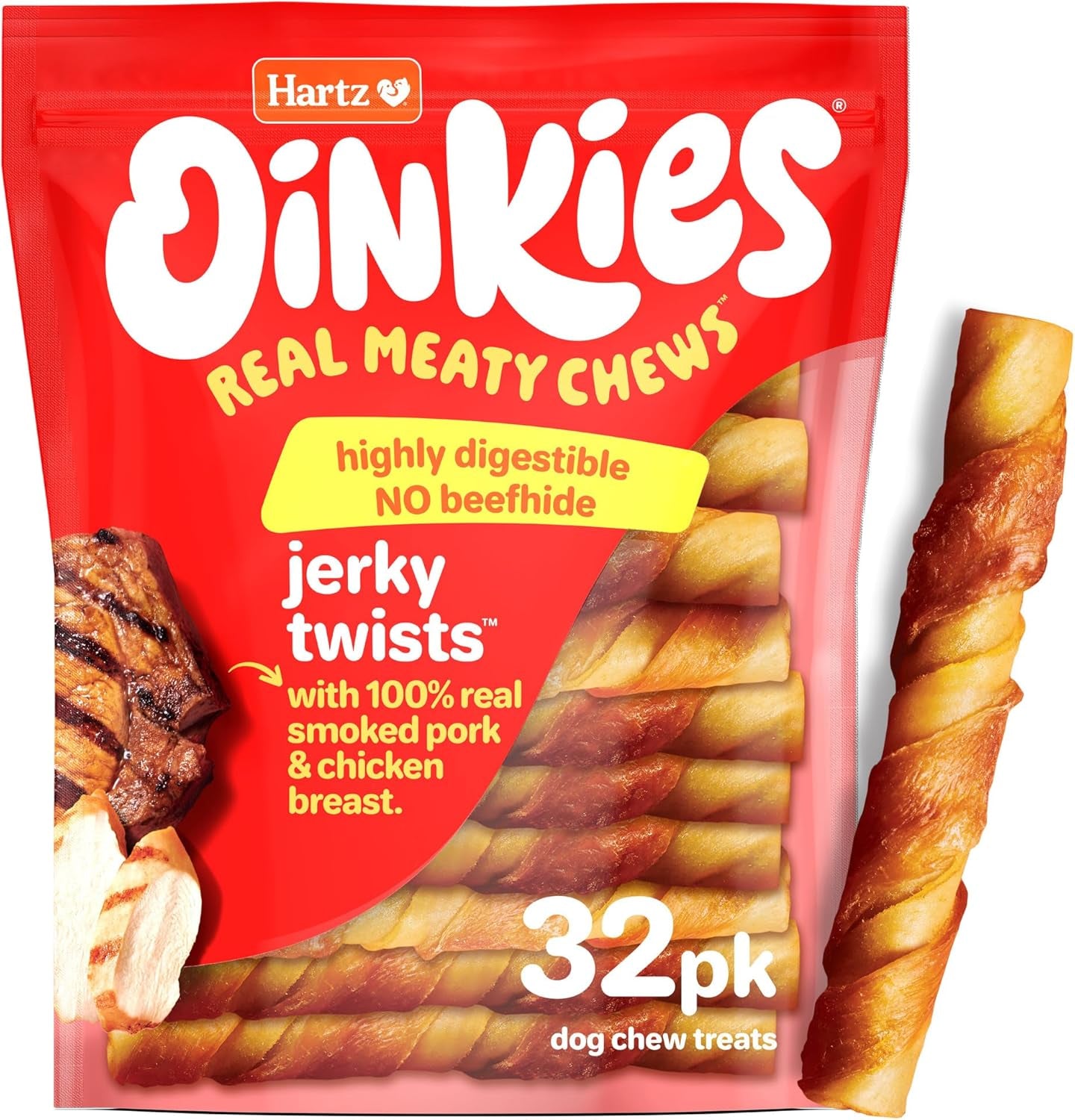 Oinkies Porkalicious Smoked Pig Skin Jerky Twists Dog Treats, 32Pk