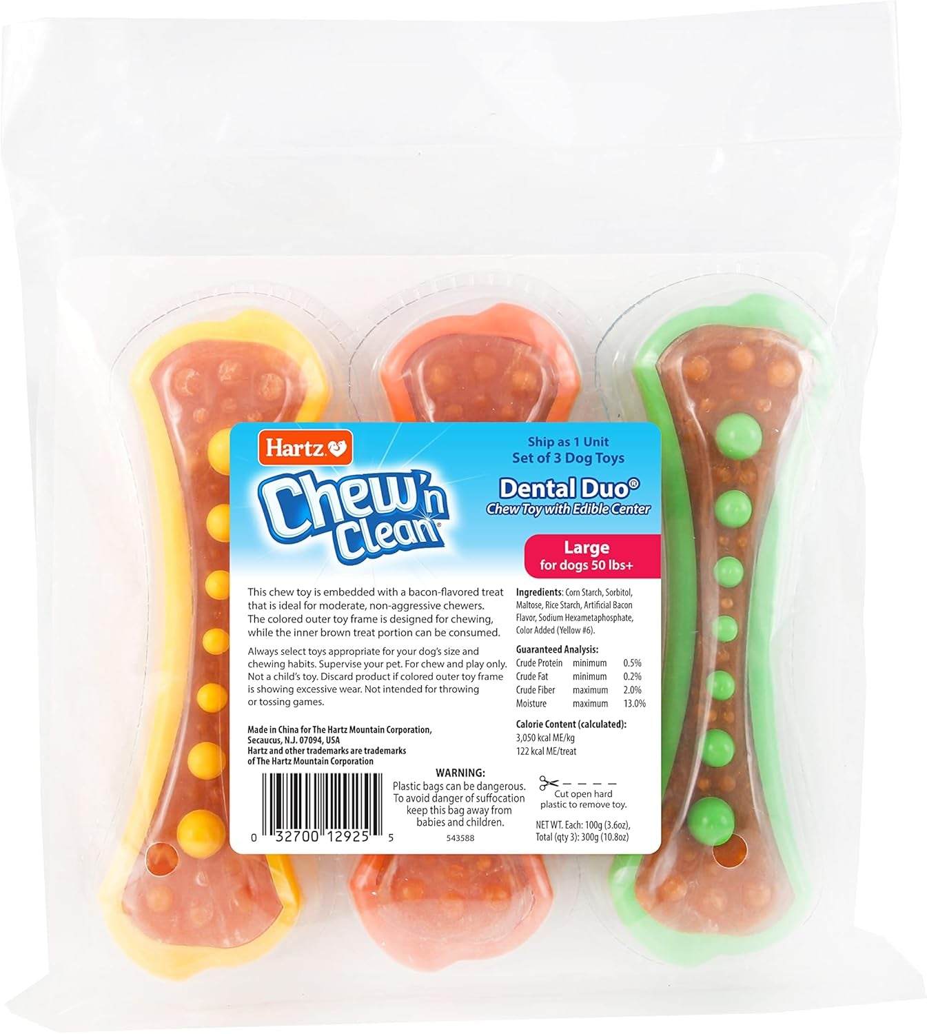Chew 'N Clean Dental Duo Dog Treat & Chew Toy, Color Varies, Large, 3 Pack