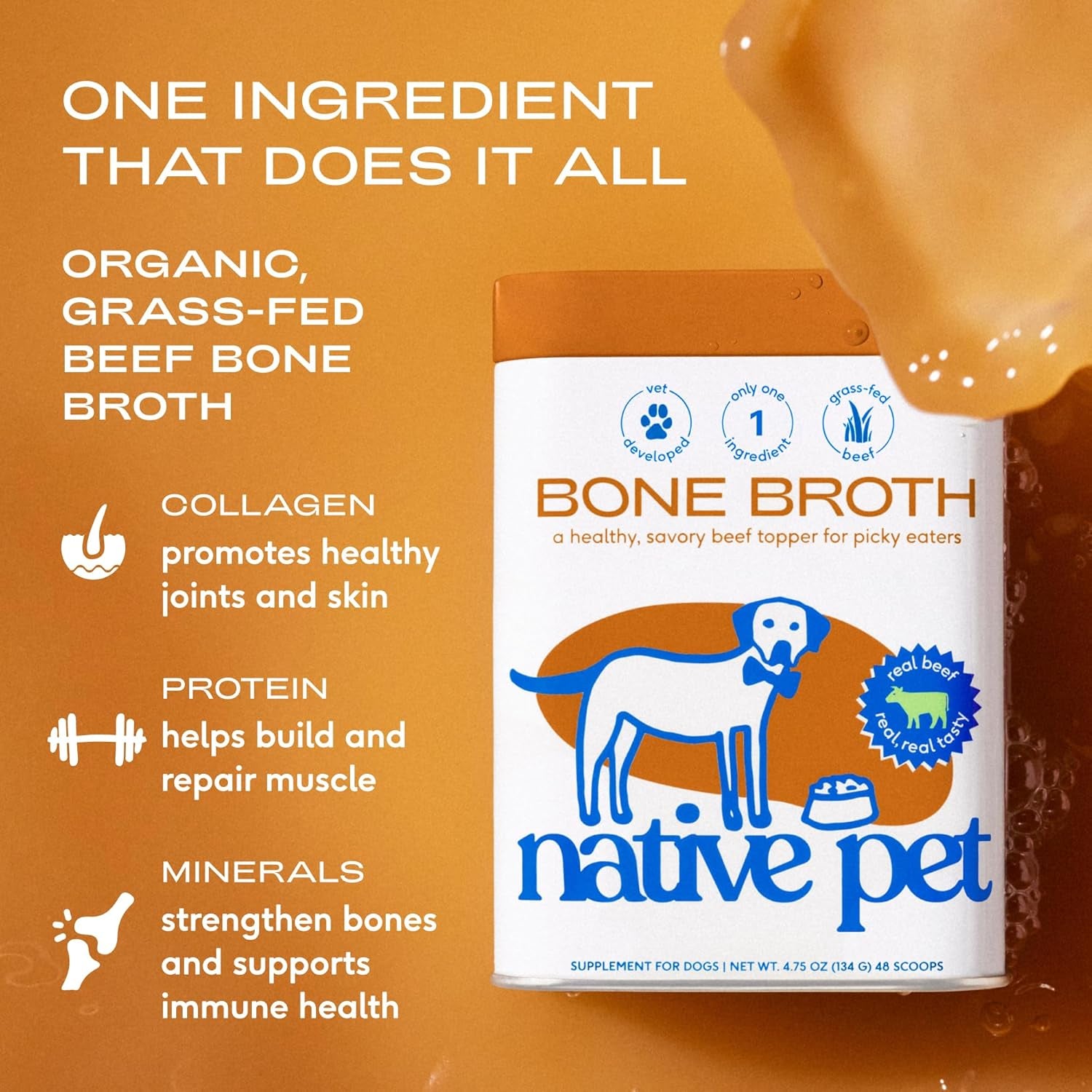 Bone Broth for Dogs and Cats - Made with Real Beef Bone Broth, Dog Food Toppers for Picky Eaters- Provides Extra Hydration & Nutrition for Joint Strength, Immunity & Heart Health-192 Scoops