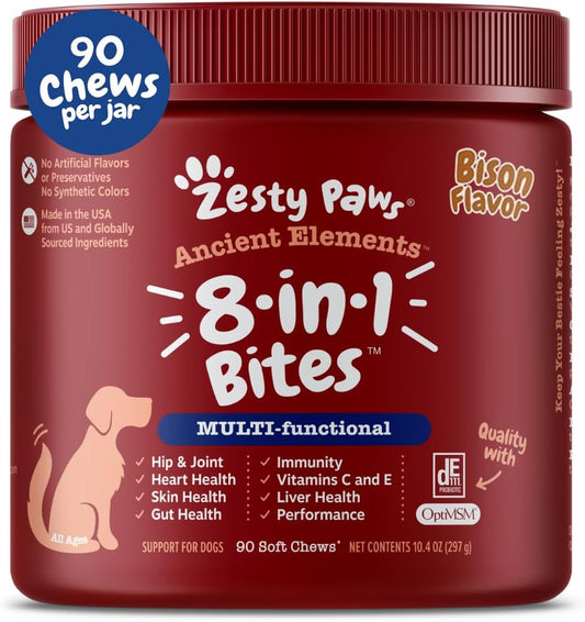 Dog Multivitamin, Chewable Dog Vitamins and Supplements for Hip & Joints, Skin & Coat, Omega 3 Fish Oil for Dogs- Senior & Puppy Multivitamin - Bison- 90Ct