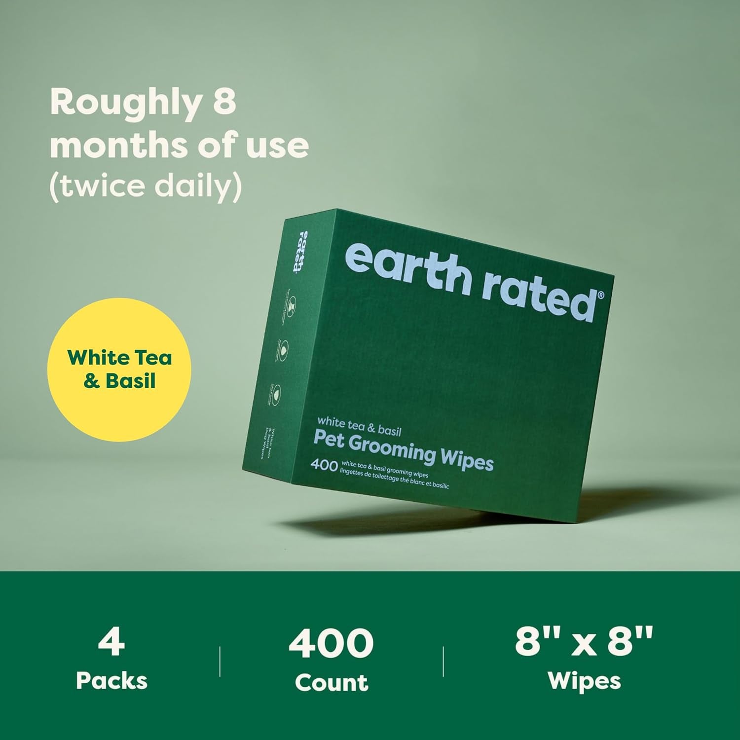 Pet Wipes for Dogs and Cats, Hypoallergenic, 3-In-1 Cleaning, Deodorizing and Hydrating, for Grooming Paws, Body and Butt, New White Tea and Basil Scent, 400 Count