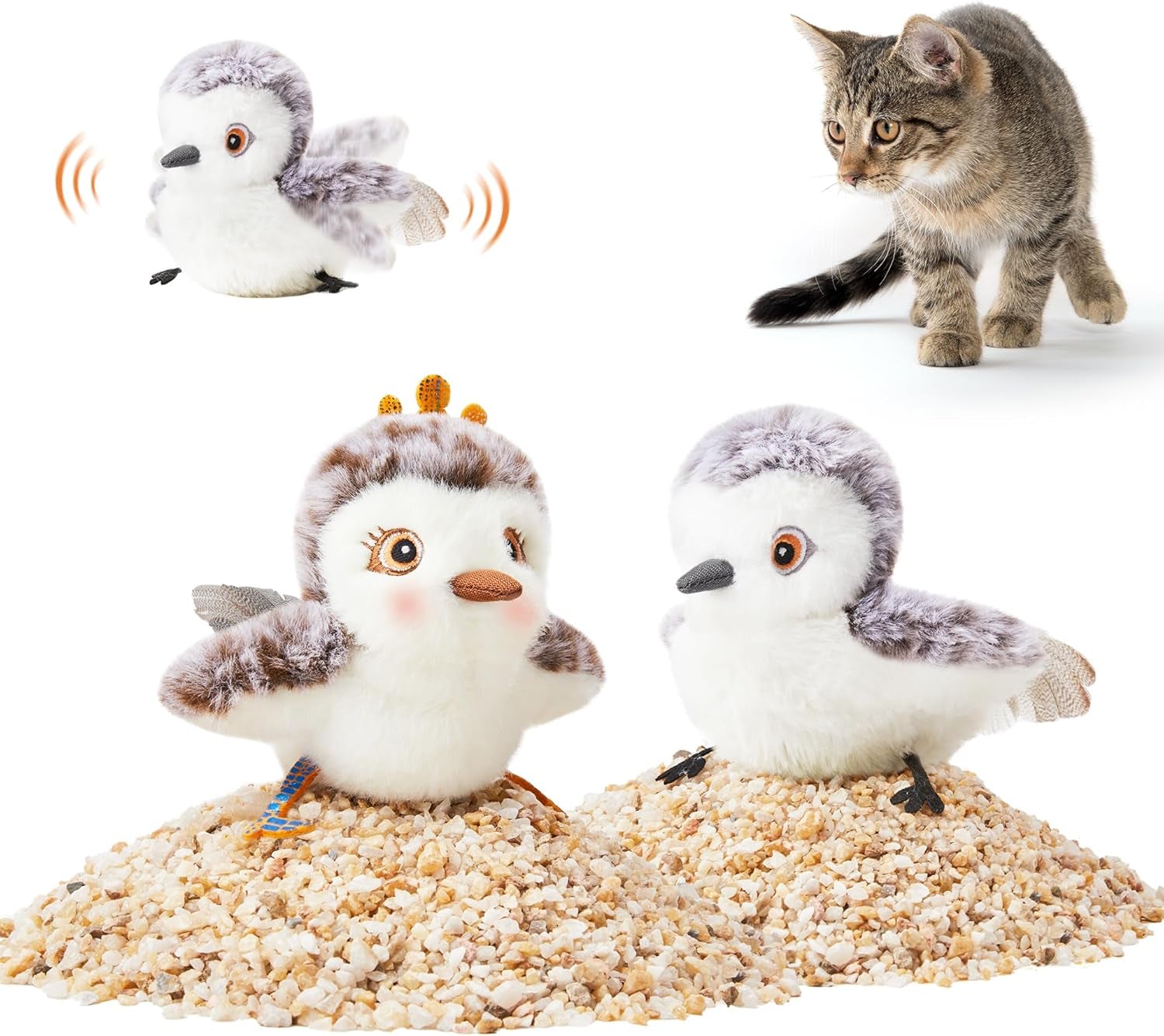 Cat Toys 2 Pcs Flapping Sandpiper Pair-Mate, Lifelike Birds Chirp, Chargeable Touch Activated Kitten Fun Interactive Kitty Exercise with Catnip for All Breeds