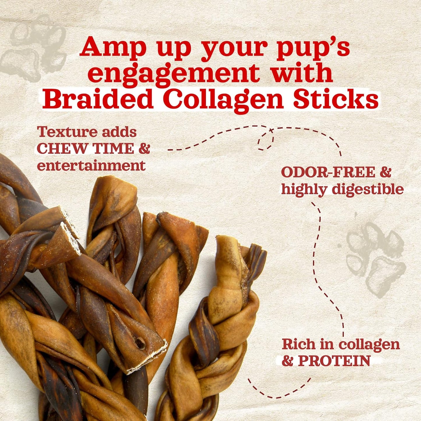 Braided Collagen Chews for Dogs (12 Inch, 6 Pack), Collagen Sticks, Natural Dog Chews, Long Lasting, for Small, Medium and Large Dogs, Odor-Free, Rawhide Alternative
