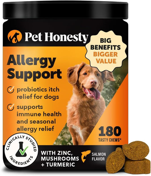 Dog Allergy Support Chews Max Strength, Omega 3 Salmon Fish Oil, Probiotic Supplement for Anti-Itch and Seasonal Allergies